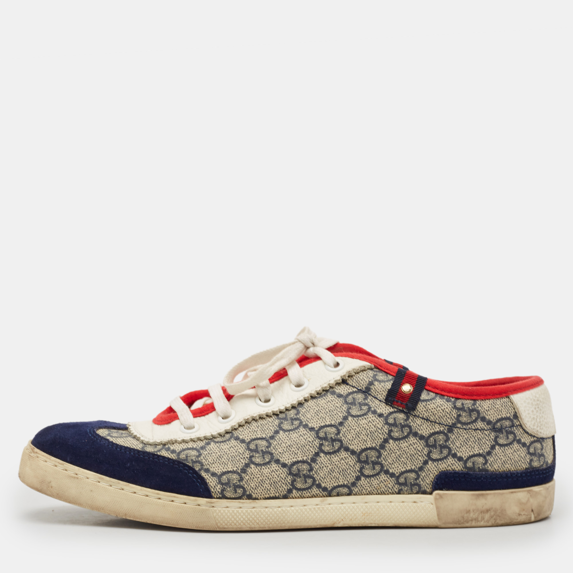 Gucci Beige/Blue GG Supreme Canvas and Suede Low Top Sneakers Size 37.5
