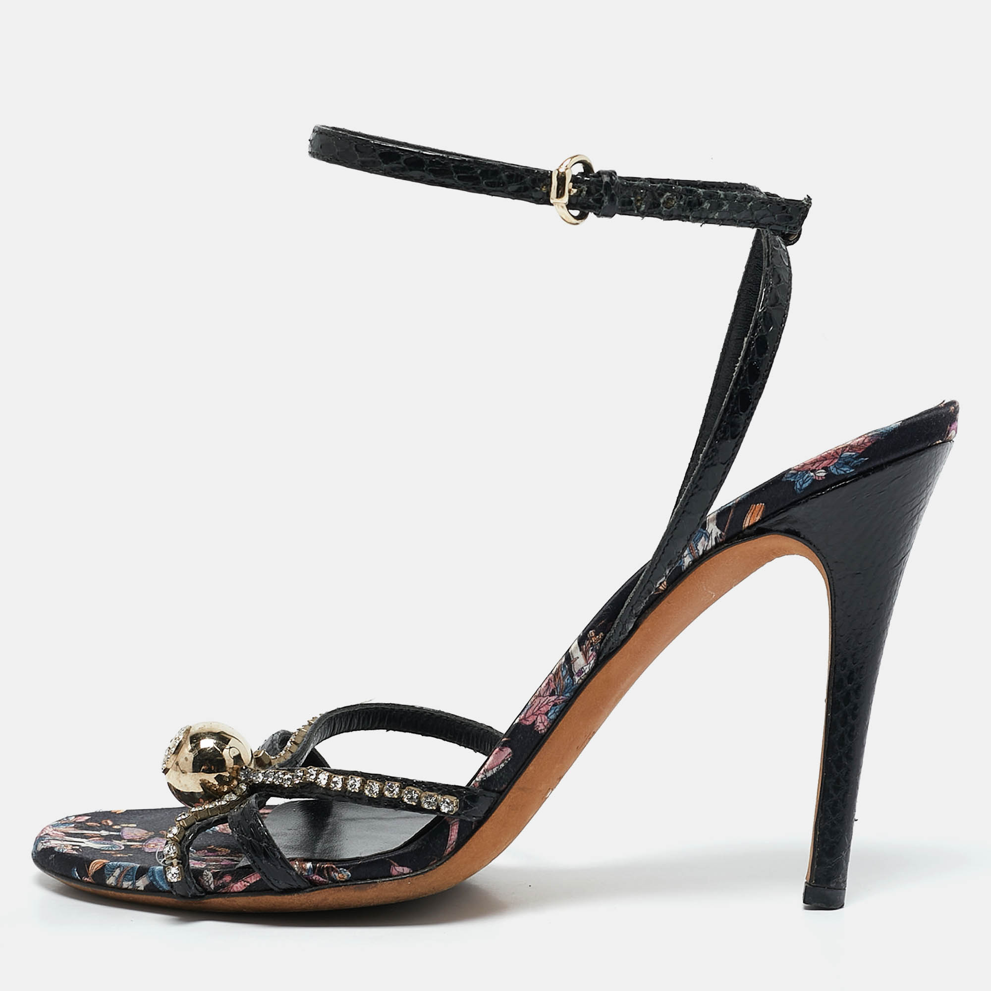 Gucci Black Snakeskin Leather GG Crystal Embellished Ankle Strap Sandals Size 36.5