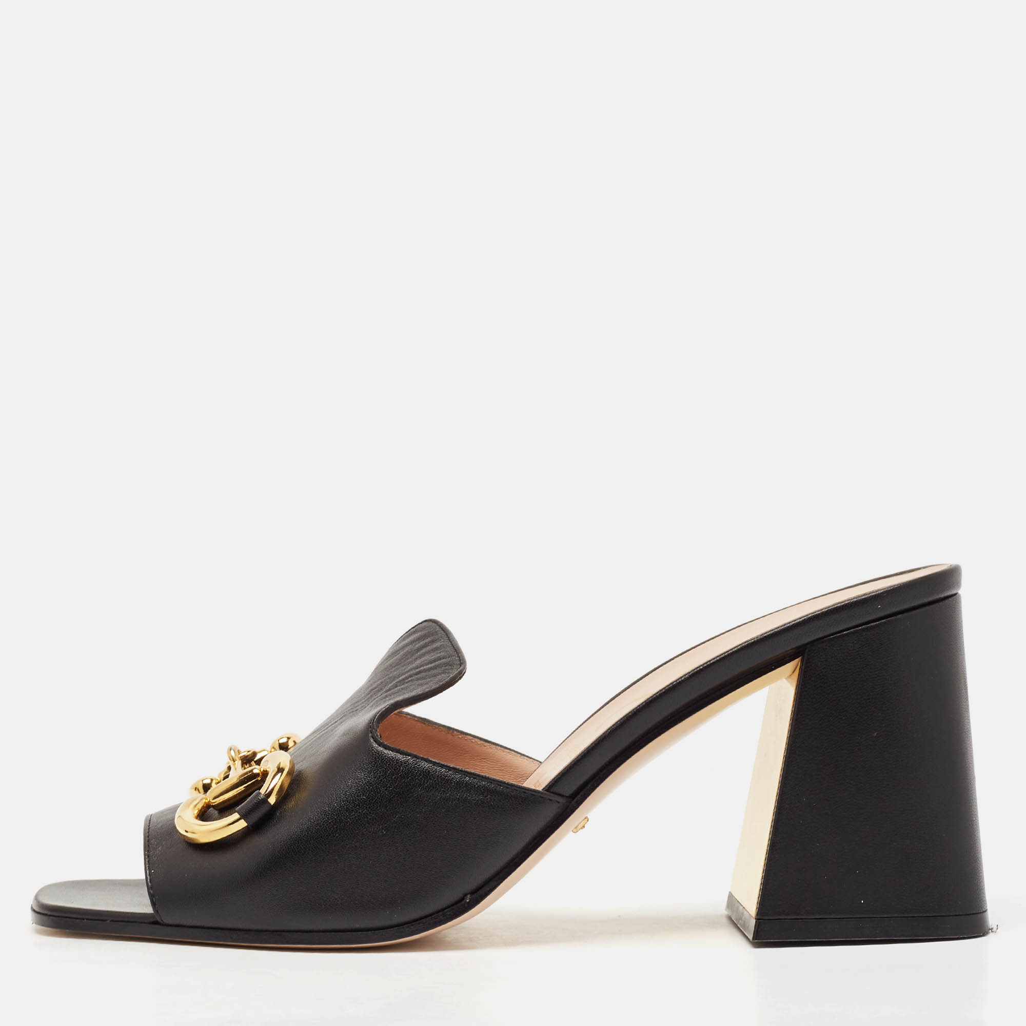 Gucci Black Leather Horsebit Slide Sandals Size 41