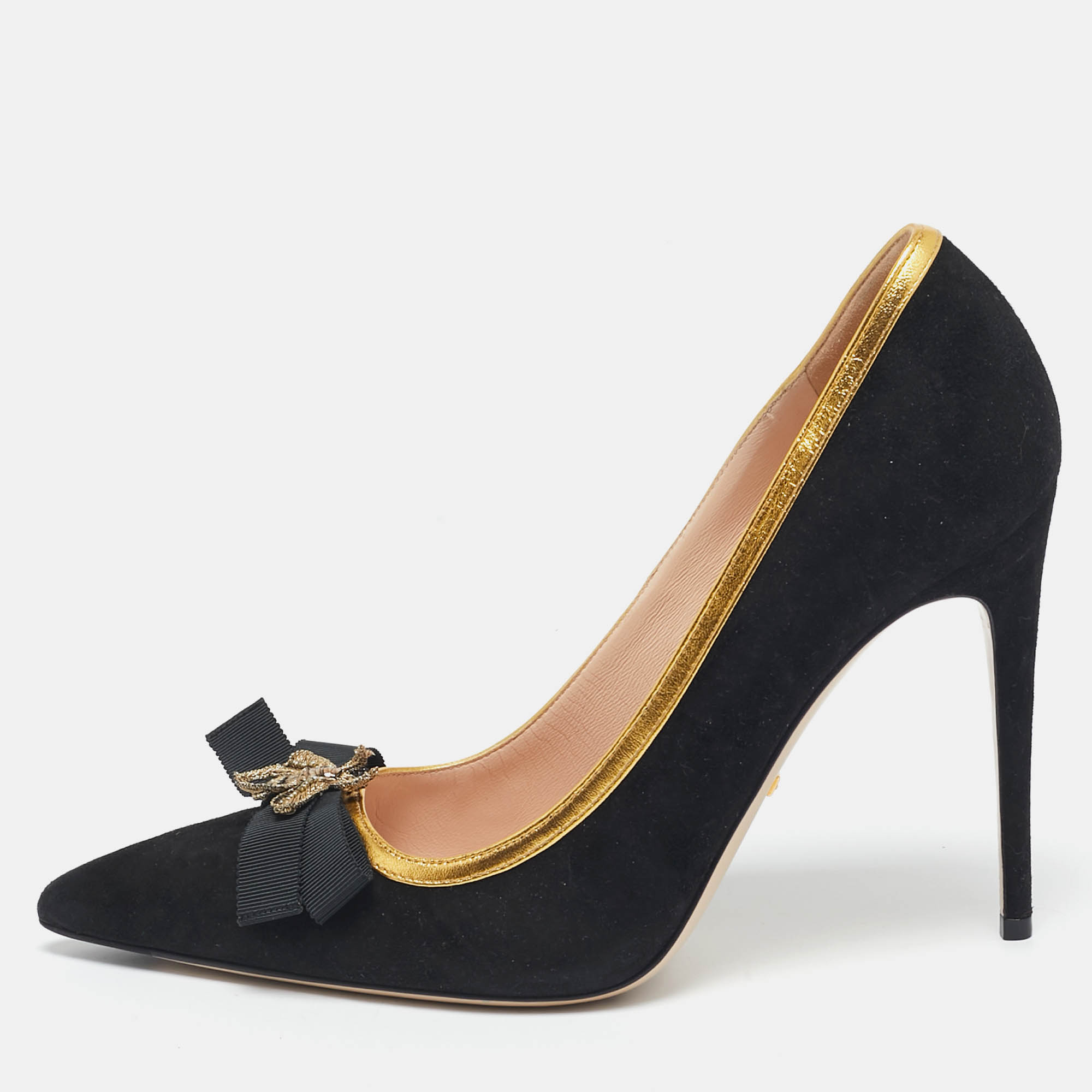 Gucci Black/Gold Suede Bee Embellished Pumps Size 38.5