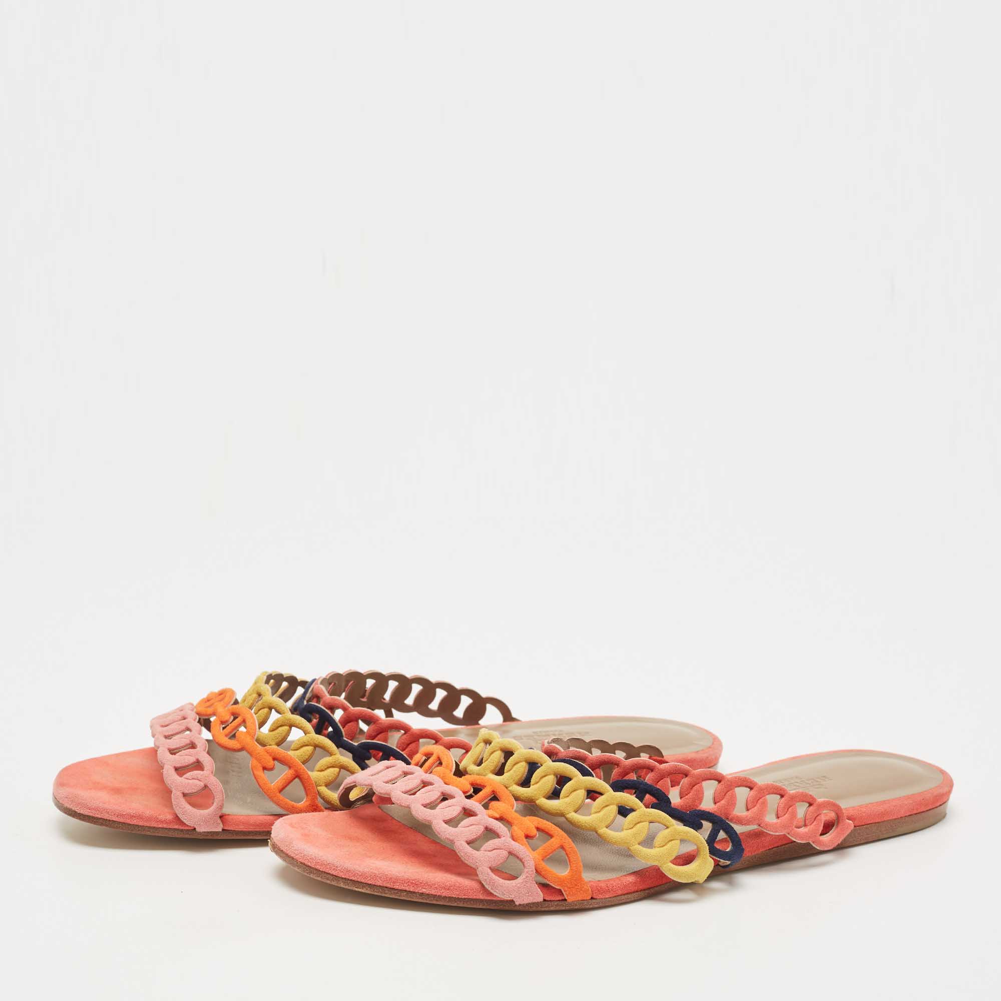 Hermes Multicolor Suede Thalassa Flat Slides Size 38