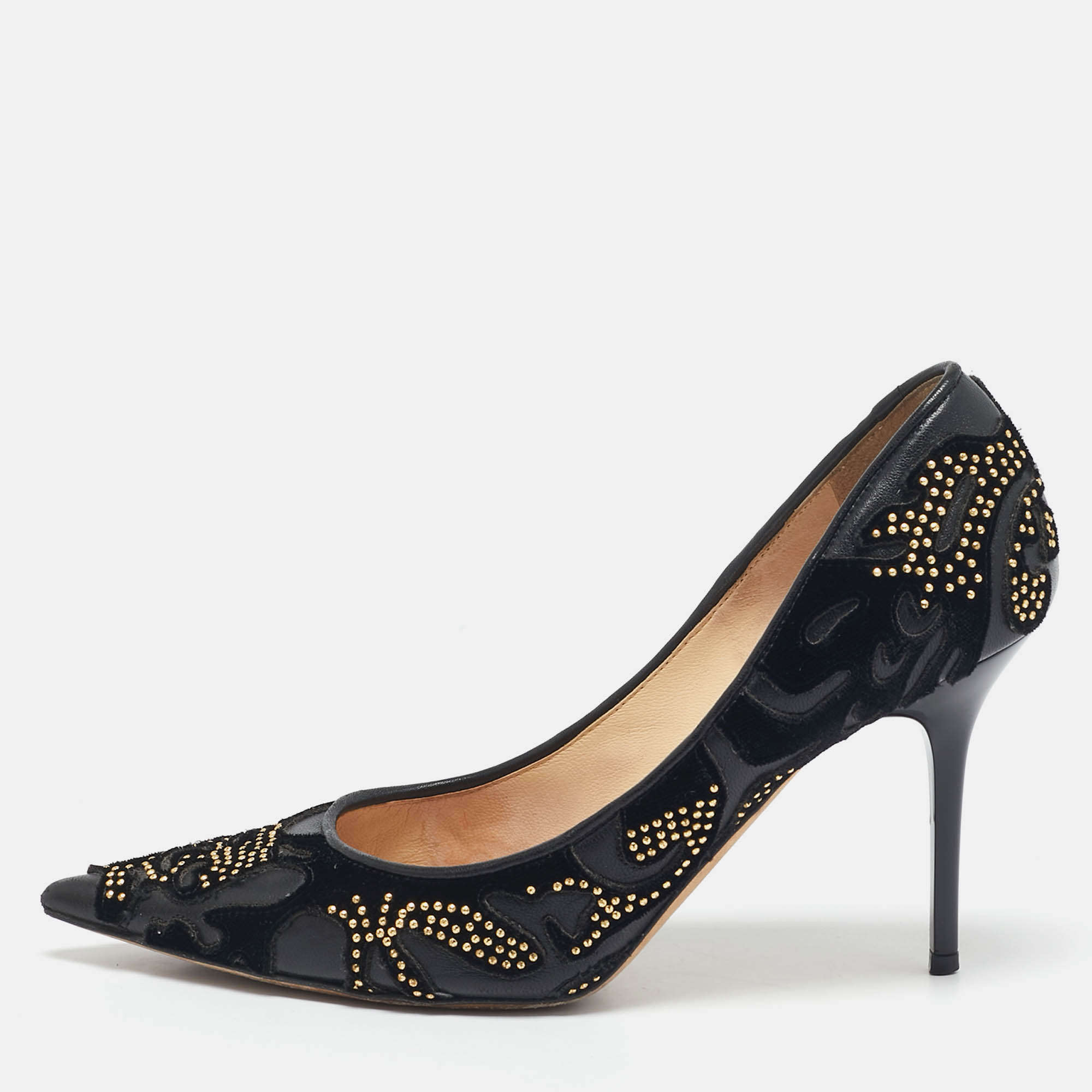 Jimmy Choo Black Leather and Velvet  Abel Kid Pointed Toe Pumps Size 36.5