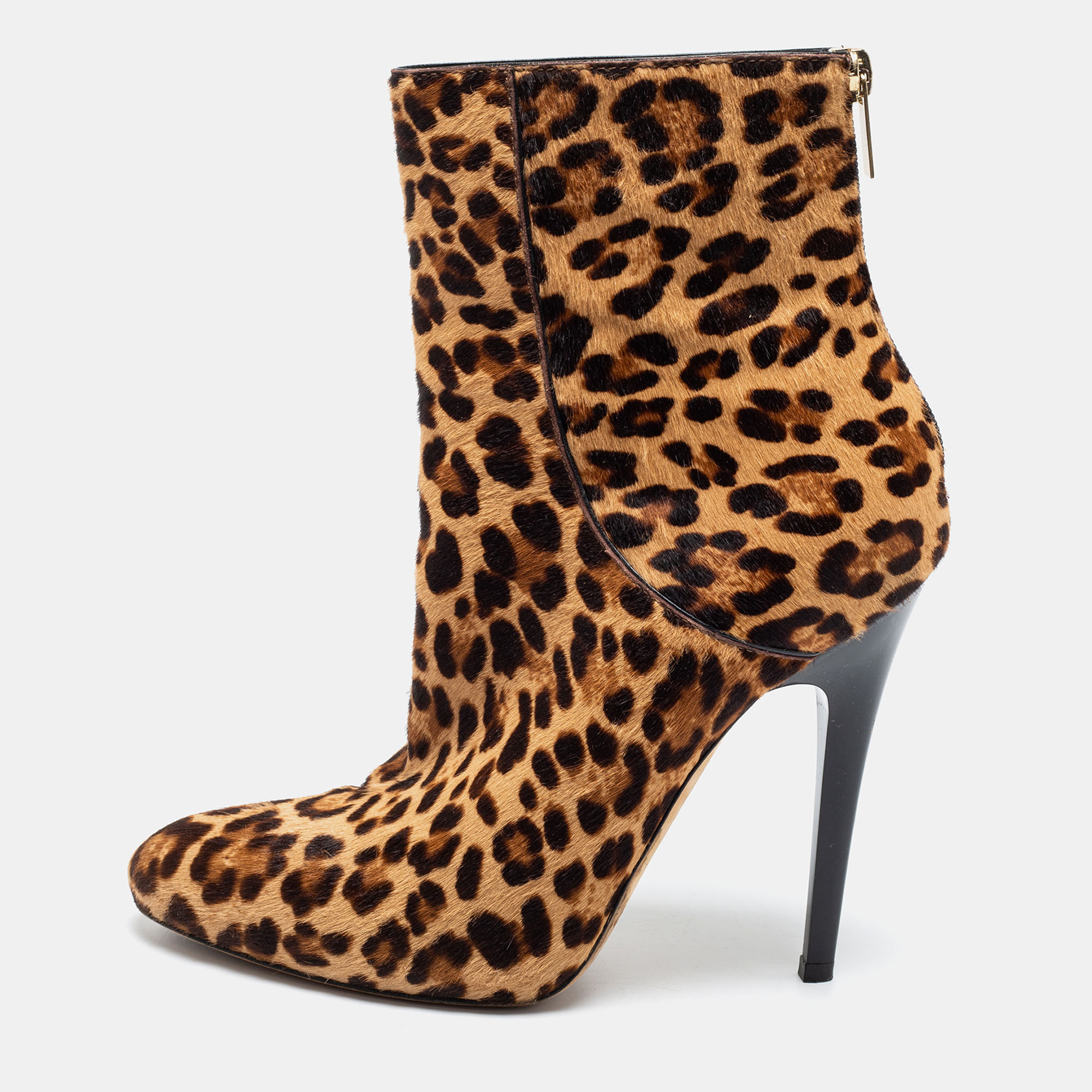  Jimmy Choo Beige/Brown Leopard Print Calf Hair Ankle Booties Size 37.5
