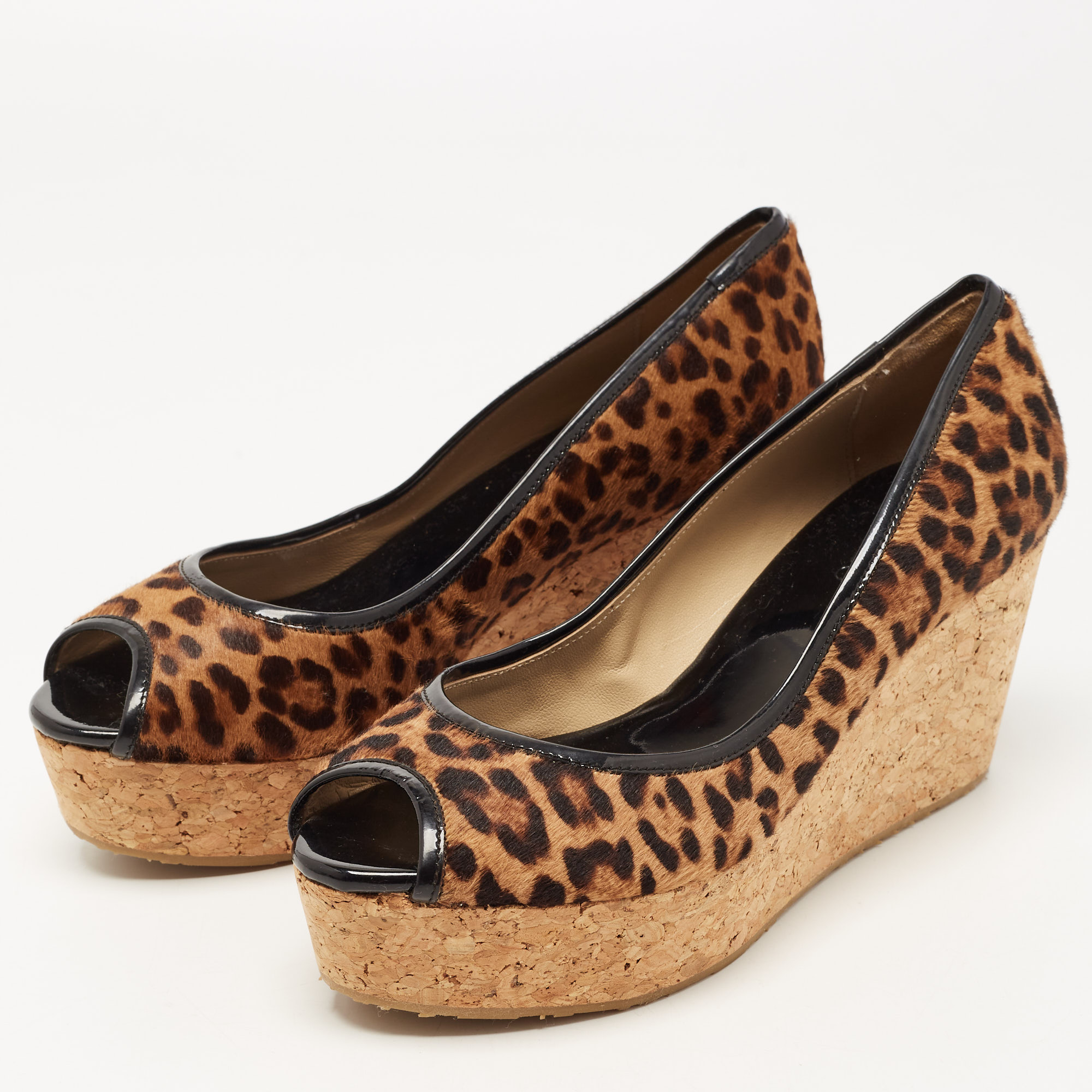 Jimmy Choo Leopard Print Calf Hair And Patent Trim Papina Cork Wedge Pumps Size 38