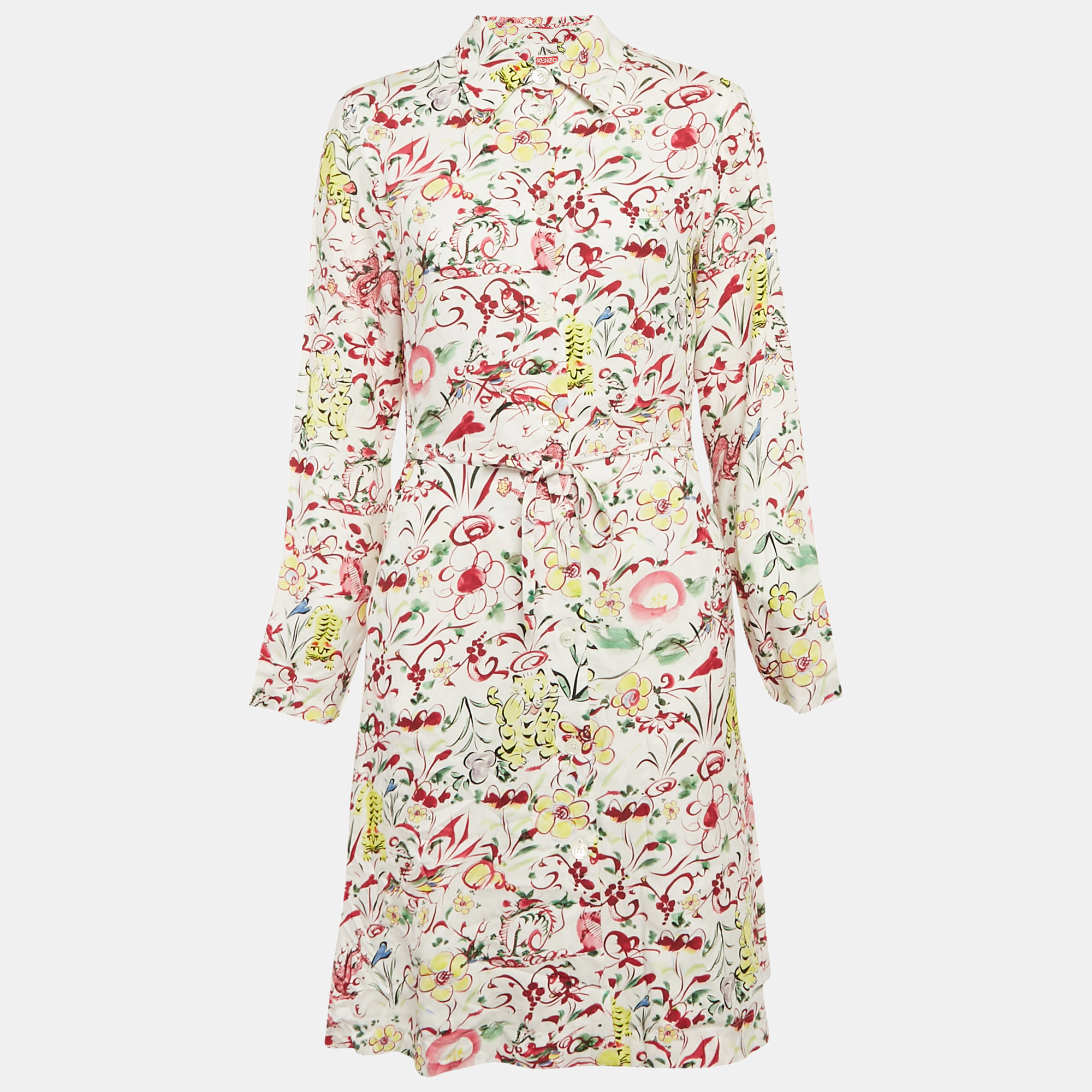 Kenzo White Printed Viscose Button Front Belted Dress S