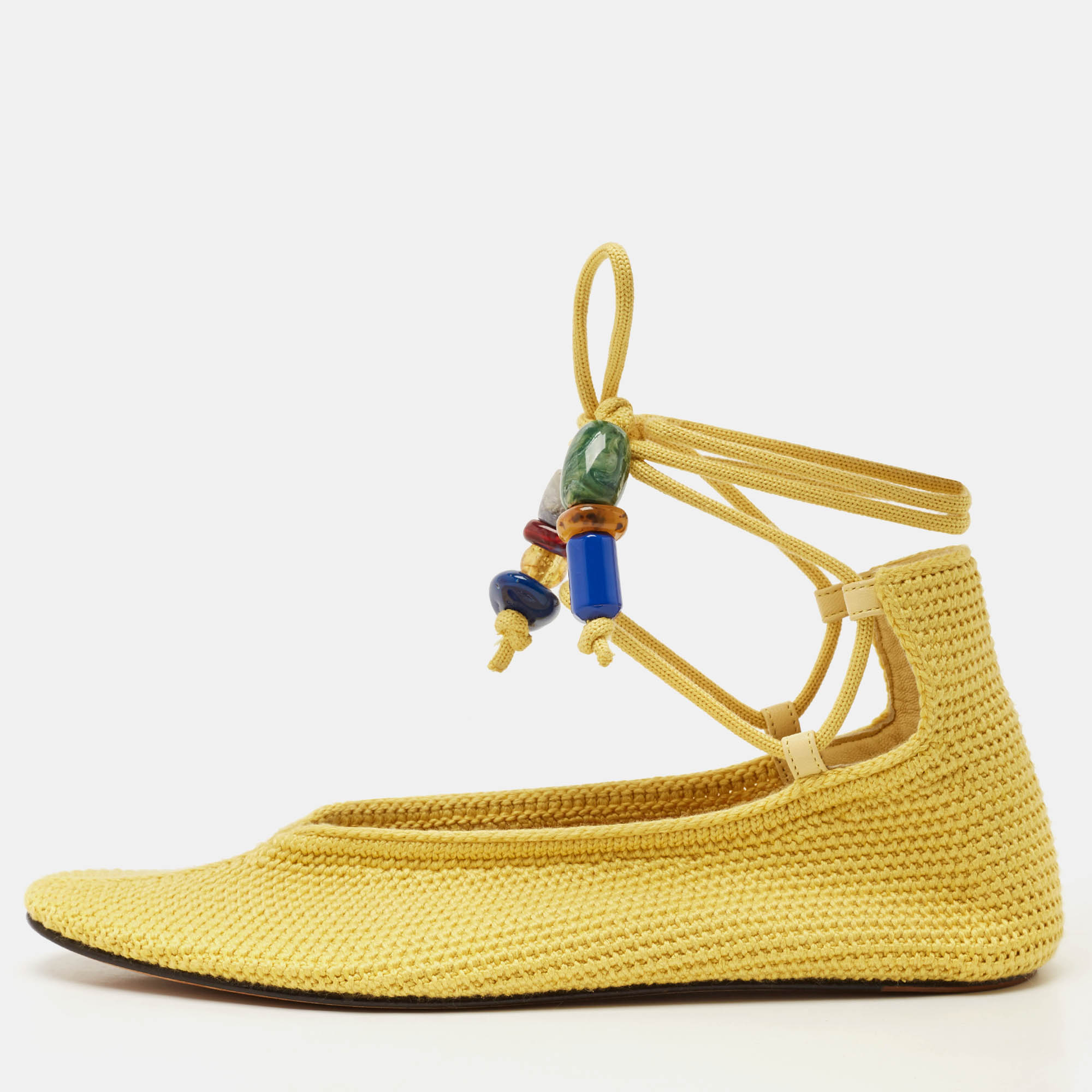 Loro Piana Yellow Knit Fabric Bingin Crochet Ankle Tie Ballet Flats Size 38