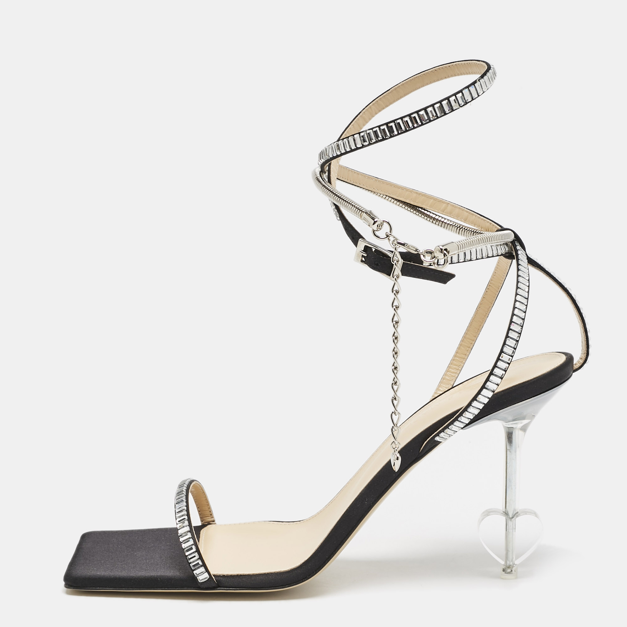 Mach & Mach Black Satin Crystal Embellished Heart Ankle Strap Sandals Size 41