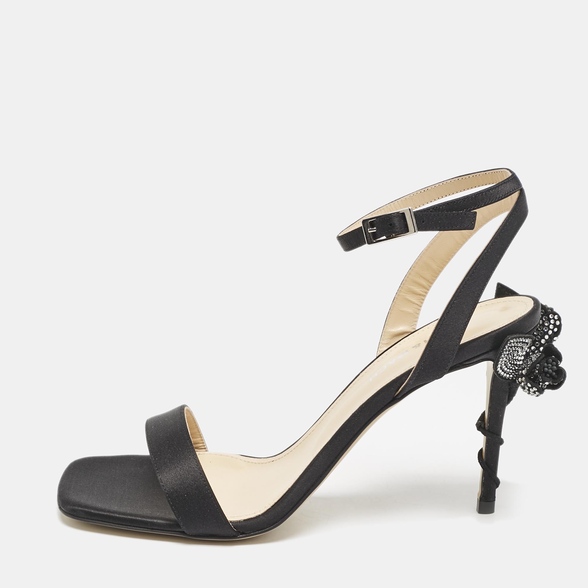 Mach & Mach Black Satin Wonder Tulip Sandals Size 38.5