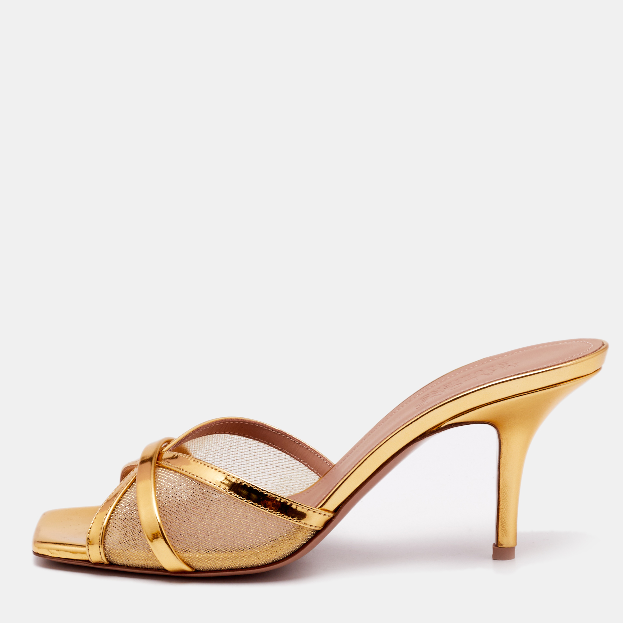 Malone Souliers Gold Mesh and Patent Leather Perla Slide Sandals Size 37