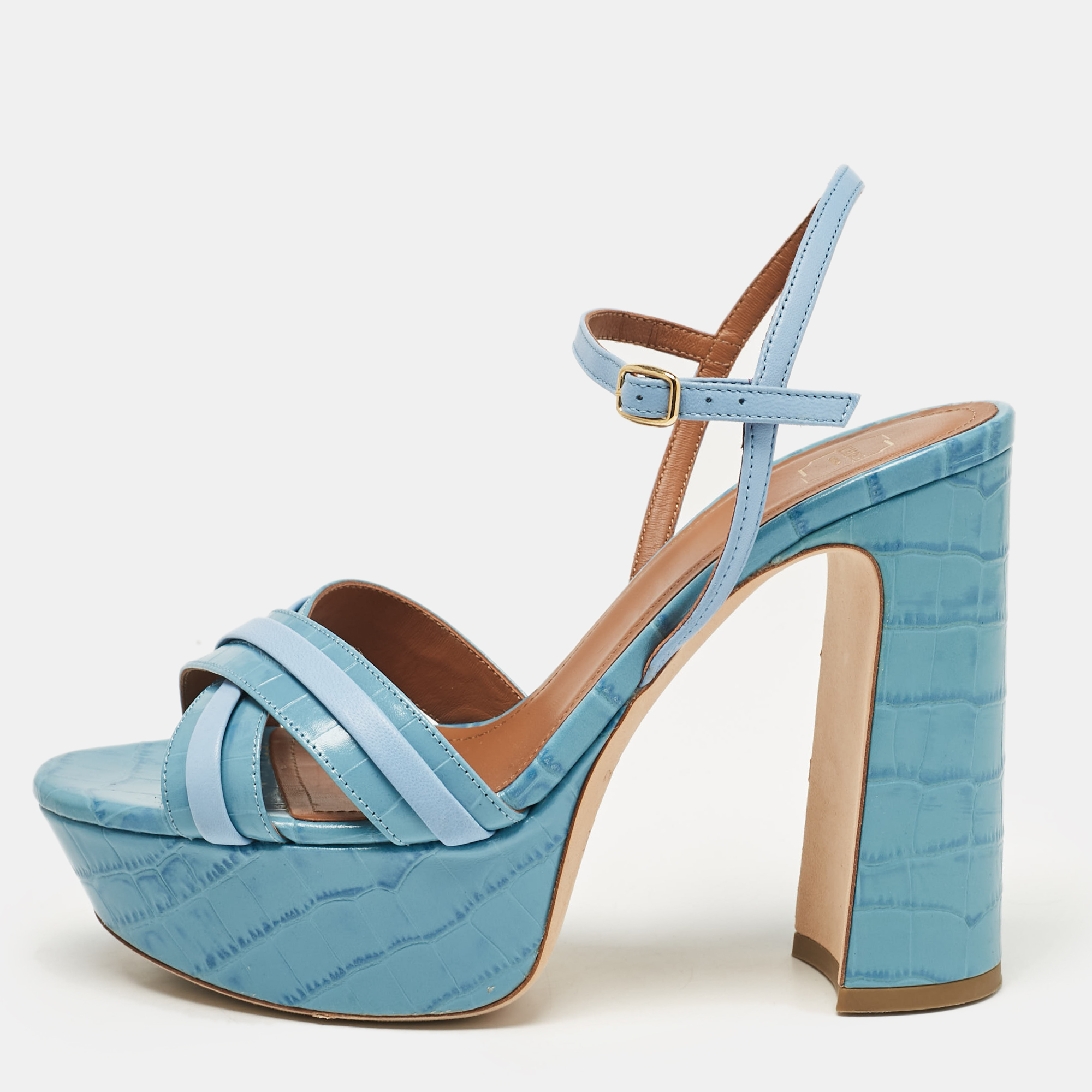 Malone Souliers Blue Croc Embossed Leather Mila Platform Ankle Strap Sandals Size 38