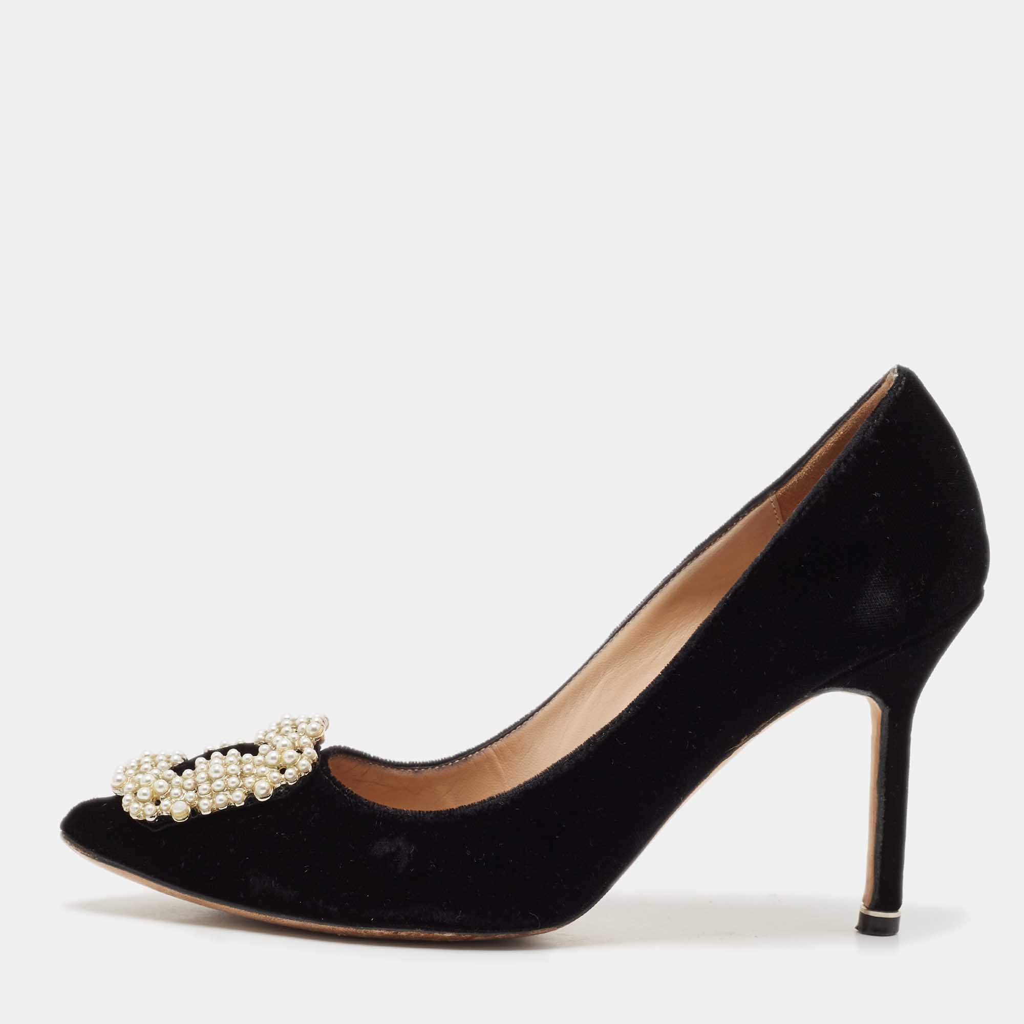 Manolo Blahnik Black Velvet Hangisi Crystal Embellished Pumps Size 38
