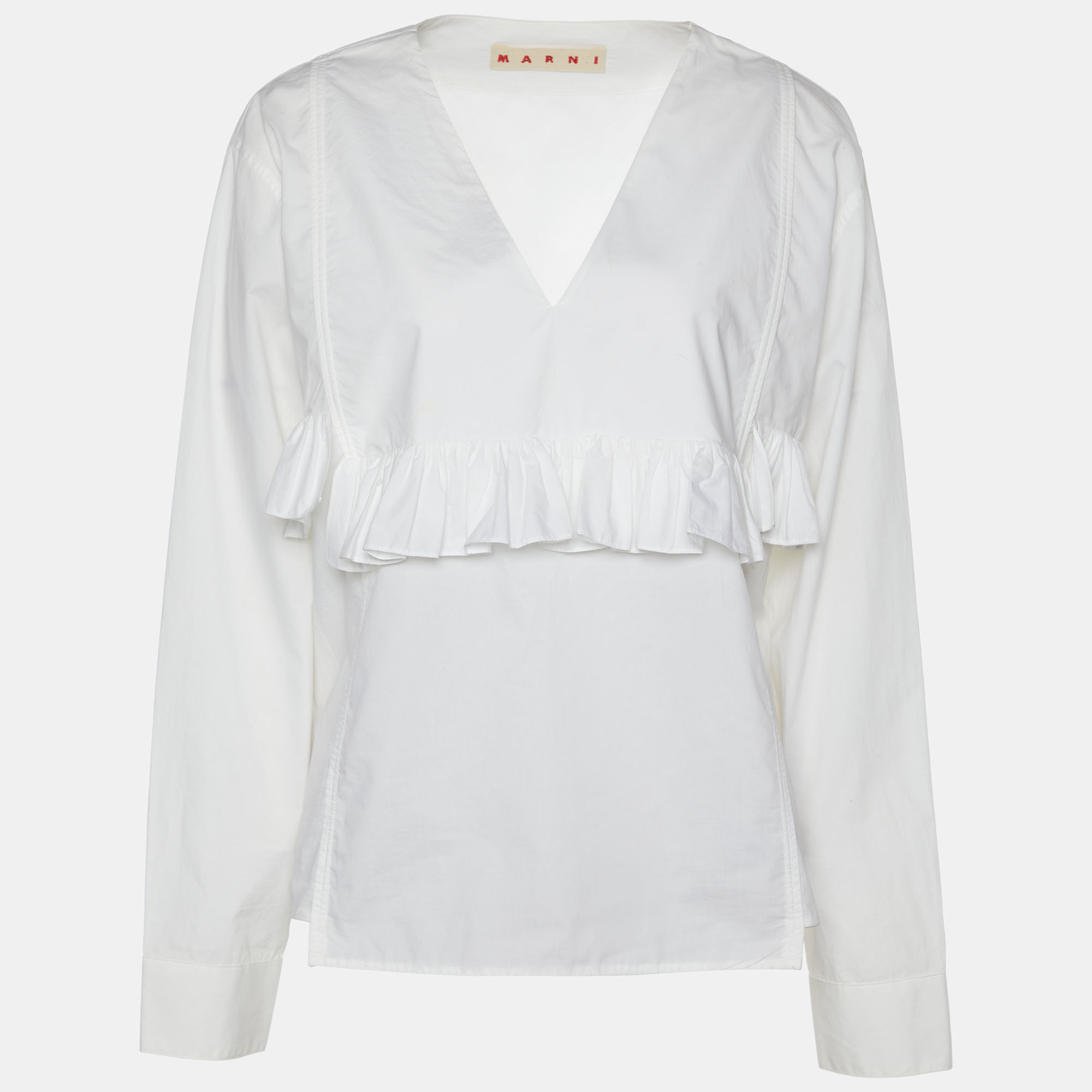 Shirts & Tops  The Luxury Closet Marni White Cotton Ruffle Detail V-Neck Top L