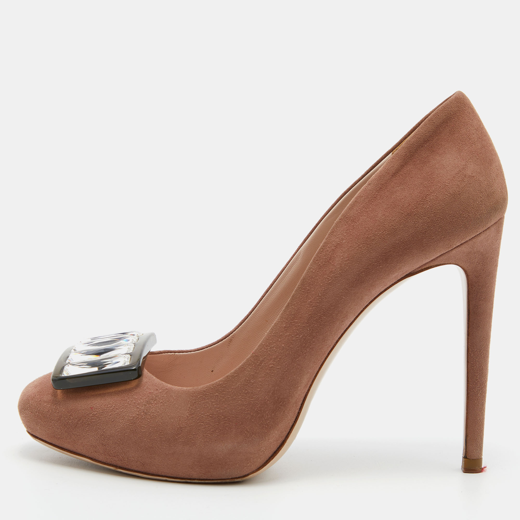 Miu Miu Pink Suede Crystal Embellished Platform Pumps Size 37