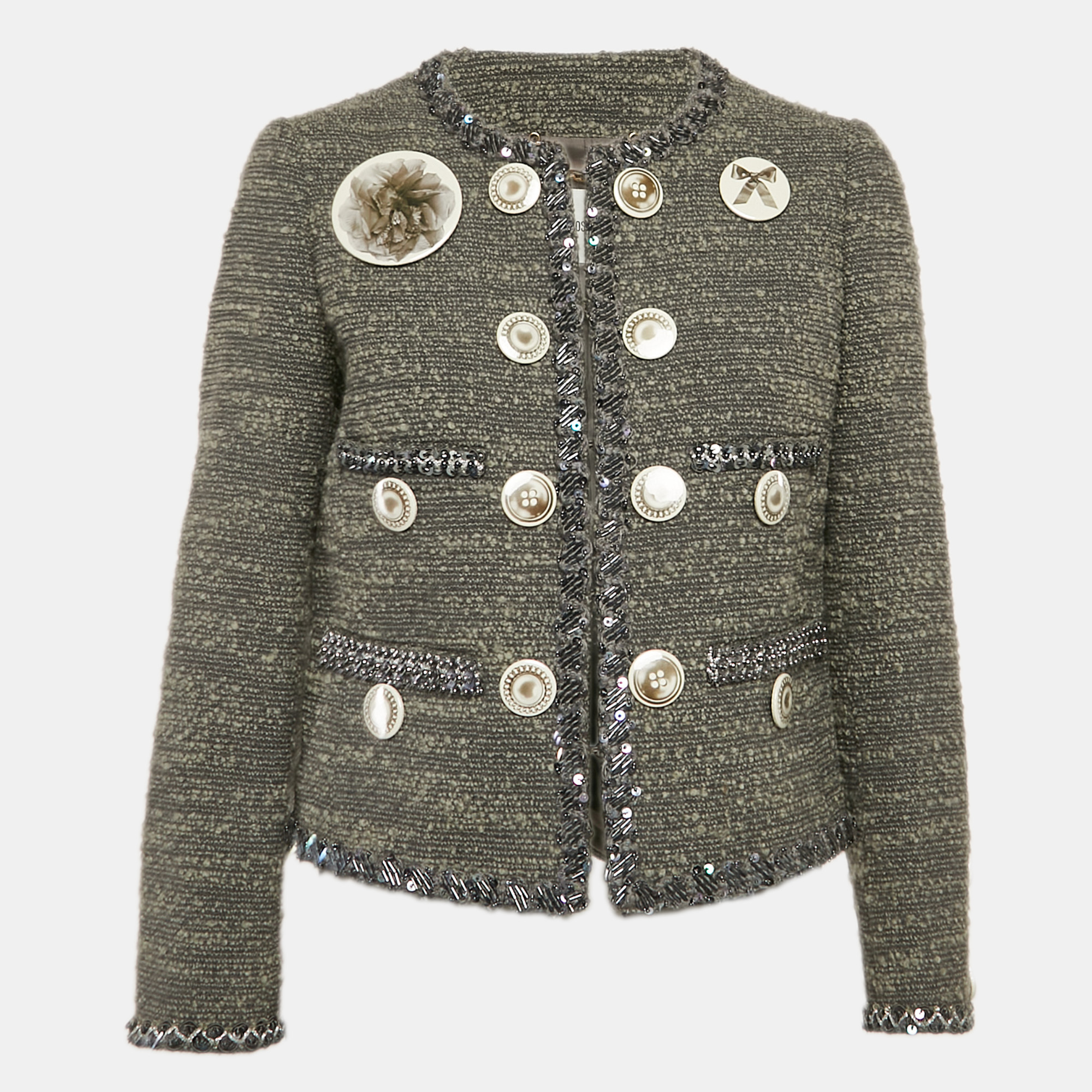 Moschino Grey Tweed and Boucle Wool Badge Detail Jacket M