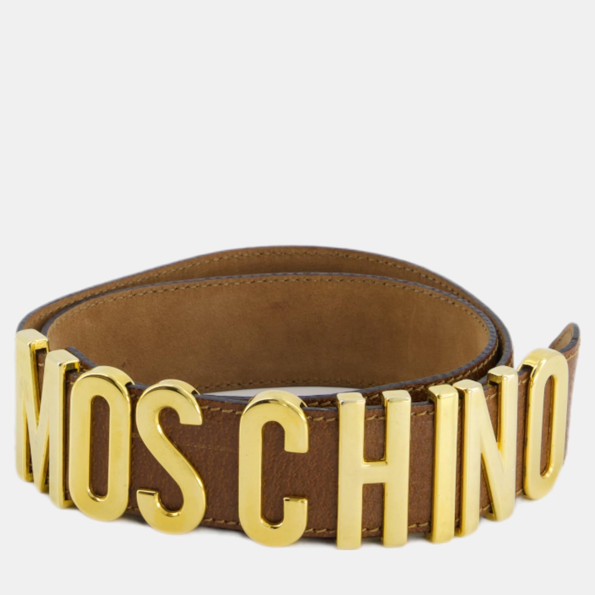 Belt Buckles Moschino Brown Leather Logo Belt with Gold Hardware Size 44 (UK 12)