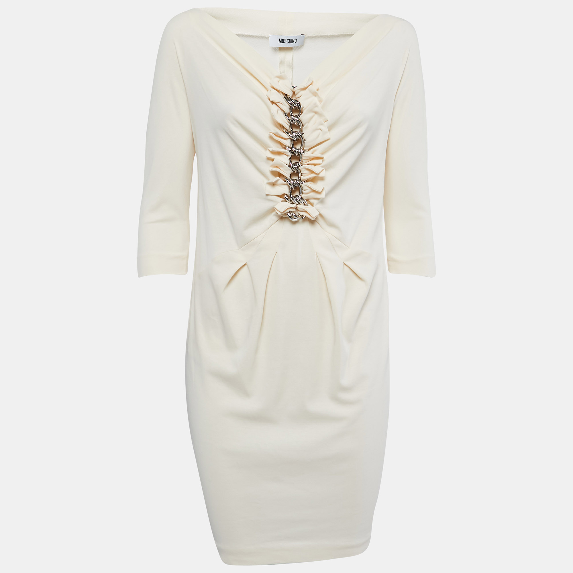 Moschino Vintage Cream Jersey Ruffled Chain Detail Midi Dress M
