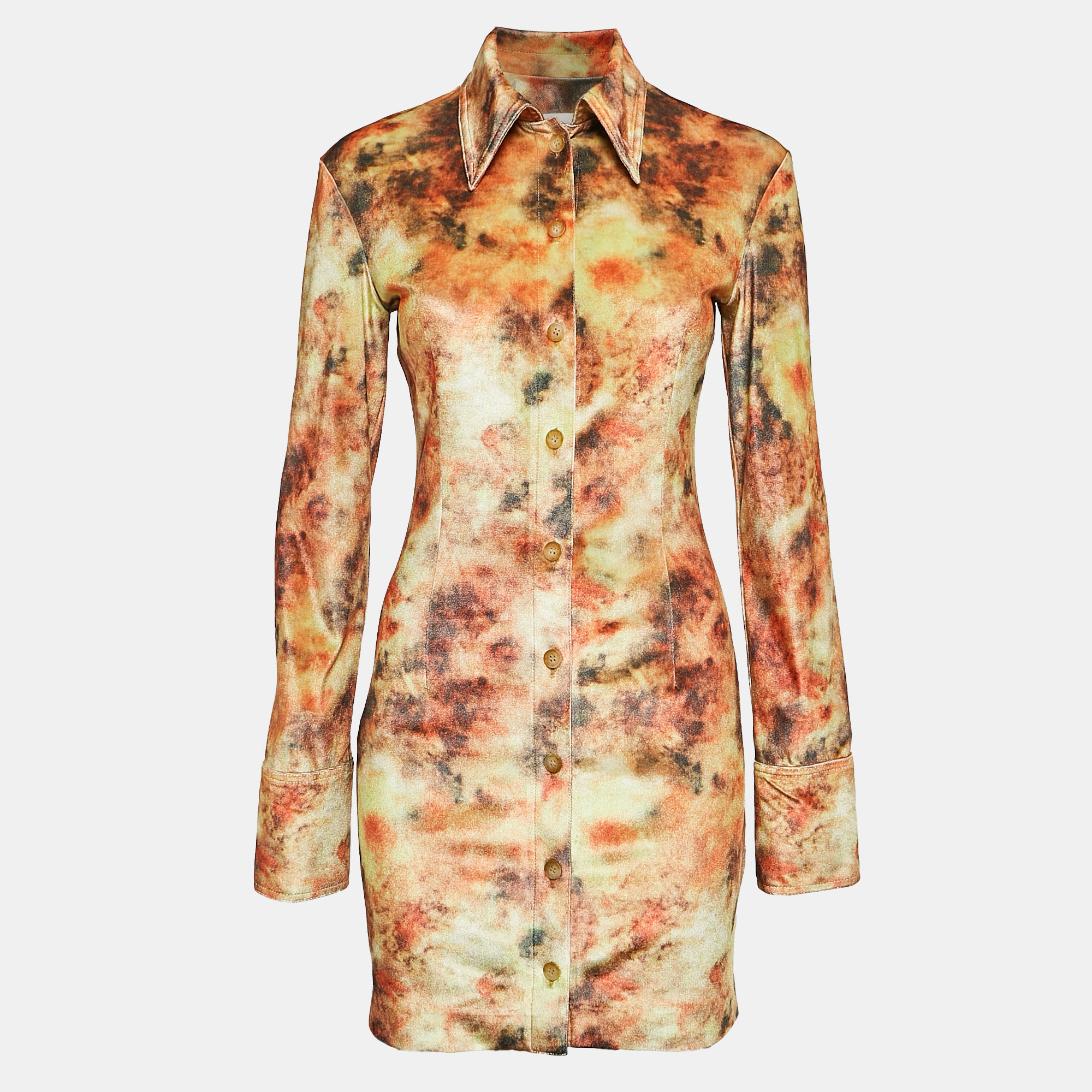Nanushka Orange Hazy Floral Print Stretch Velvet Shirt Dress XS