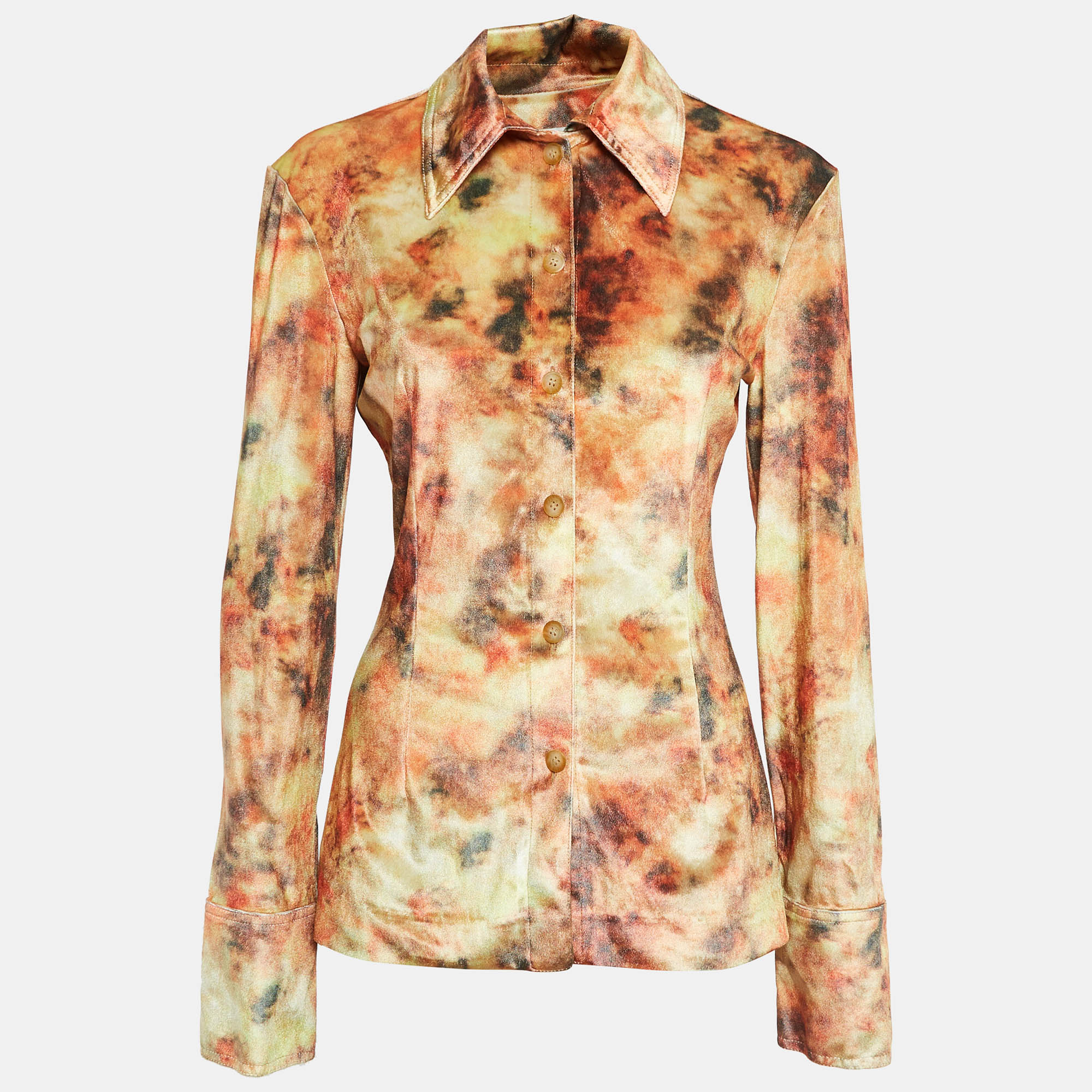 Nanushka Orange Hazy Floral Print Stretch Velvet Shirt L