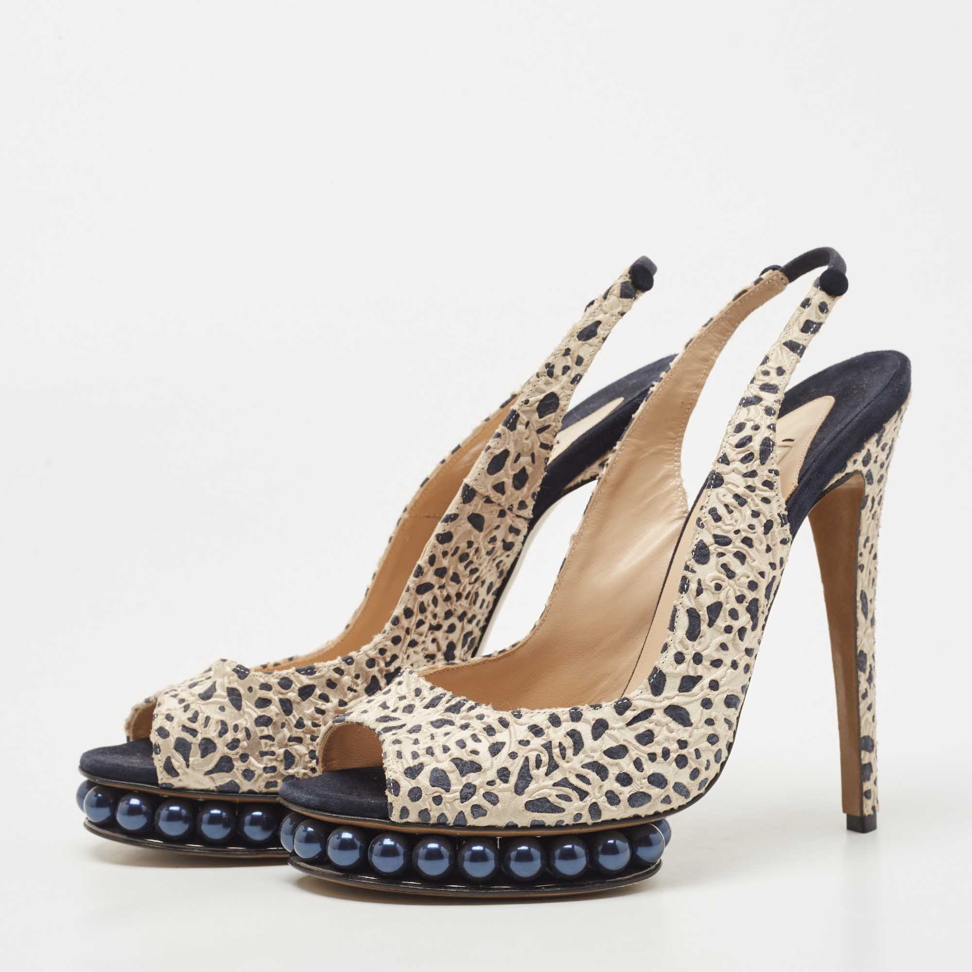 Nicholas Kirkwood Navy Blue/Cream Laser Cut Lace and Suede Pearl Platform Peep Toe Slingback Pumps Size 39