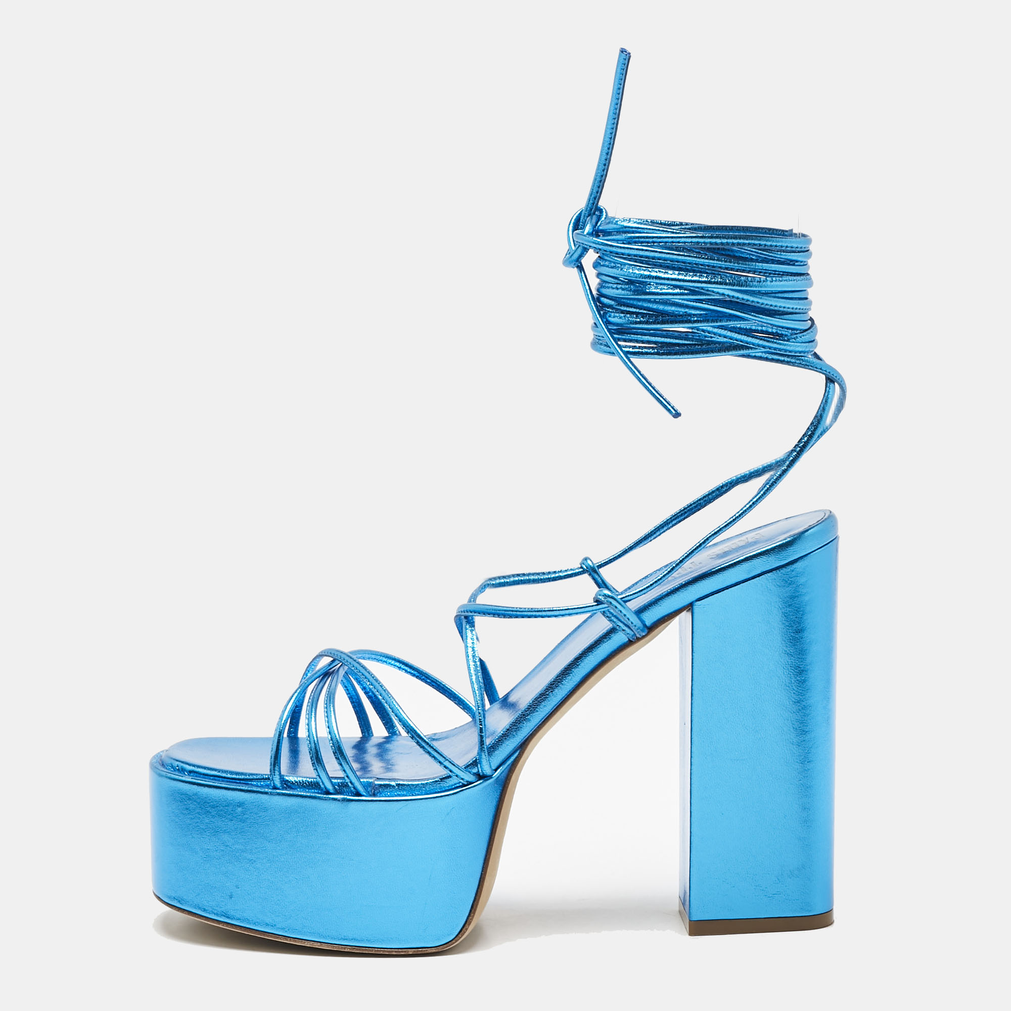Paris Texas Blue Leather Platform Lace Up Sandals Size 39