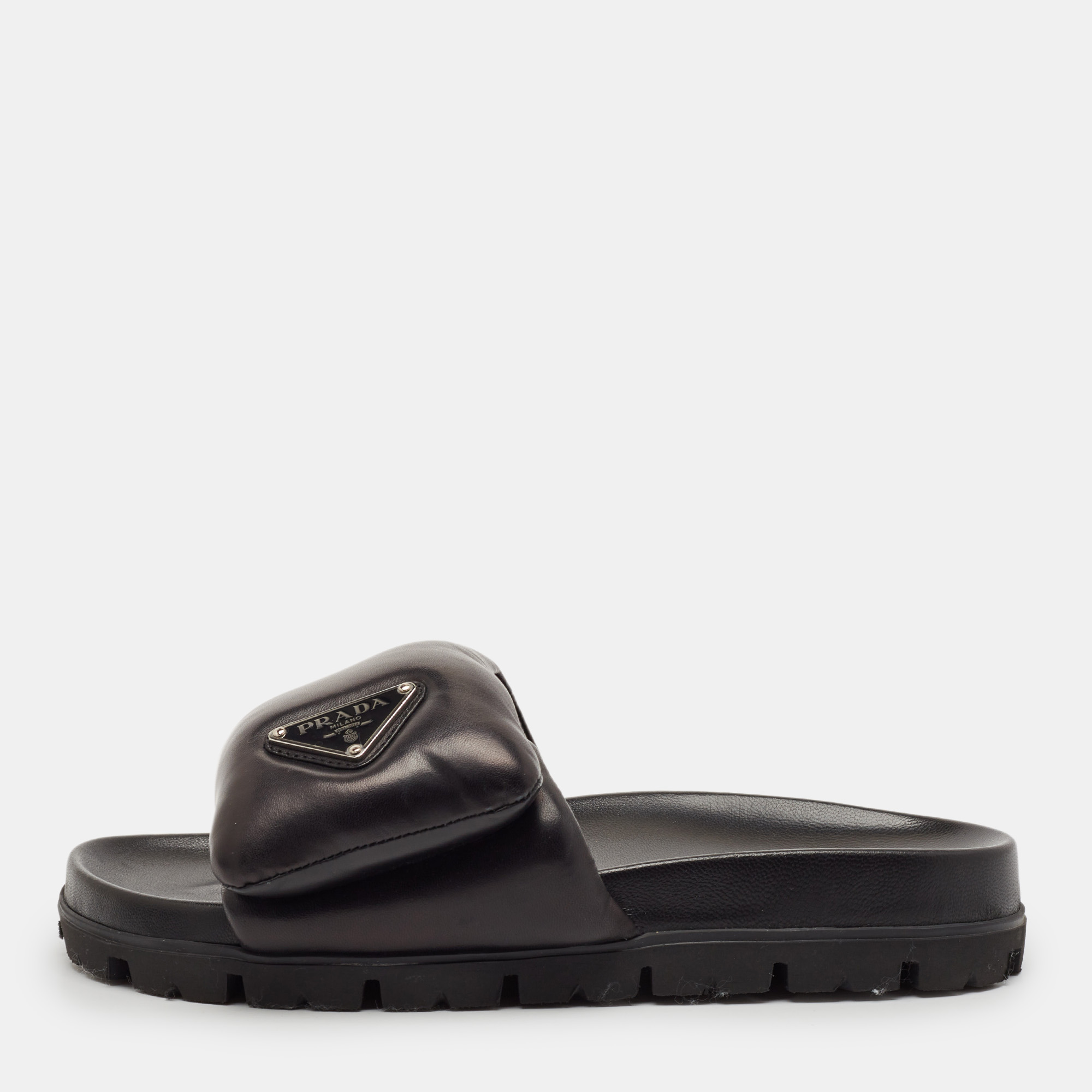 Prada Black Leather Padded Flat Slides Size 36.5