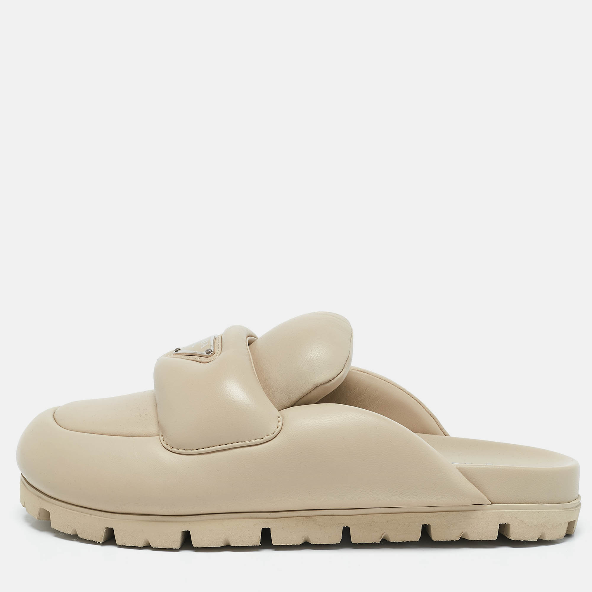 Prada Beige Leather Padded Flat Mules Size 37