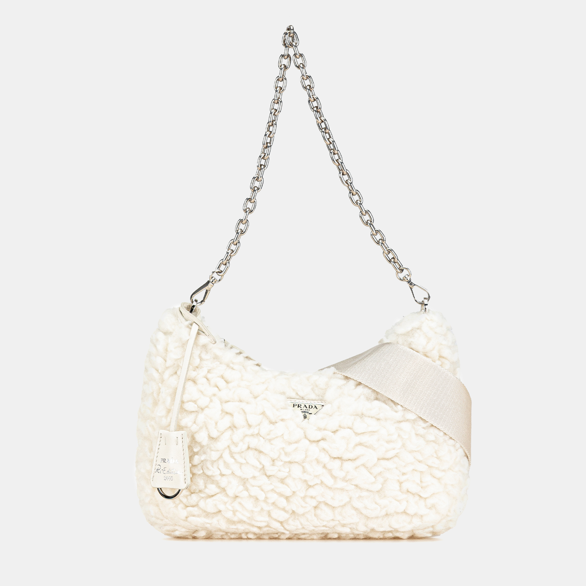 Prada White Cashmere Wool Re-Edition 2000 Satchel Bag