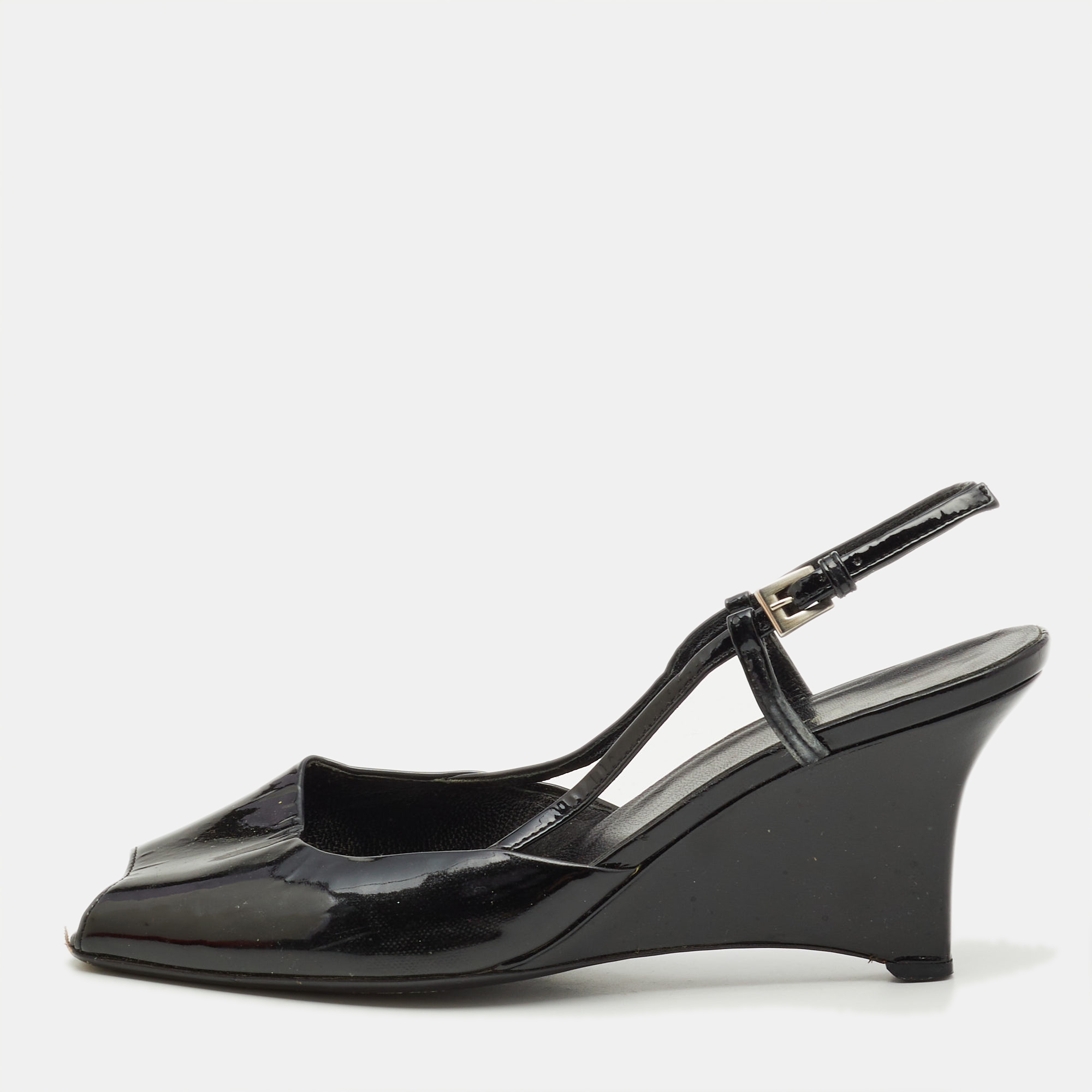 Prada Black Patent Leather Wedge Slingback Sandals Size 37.5