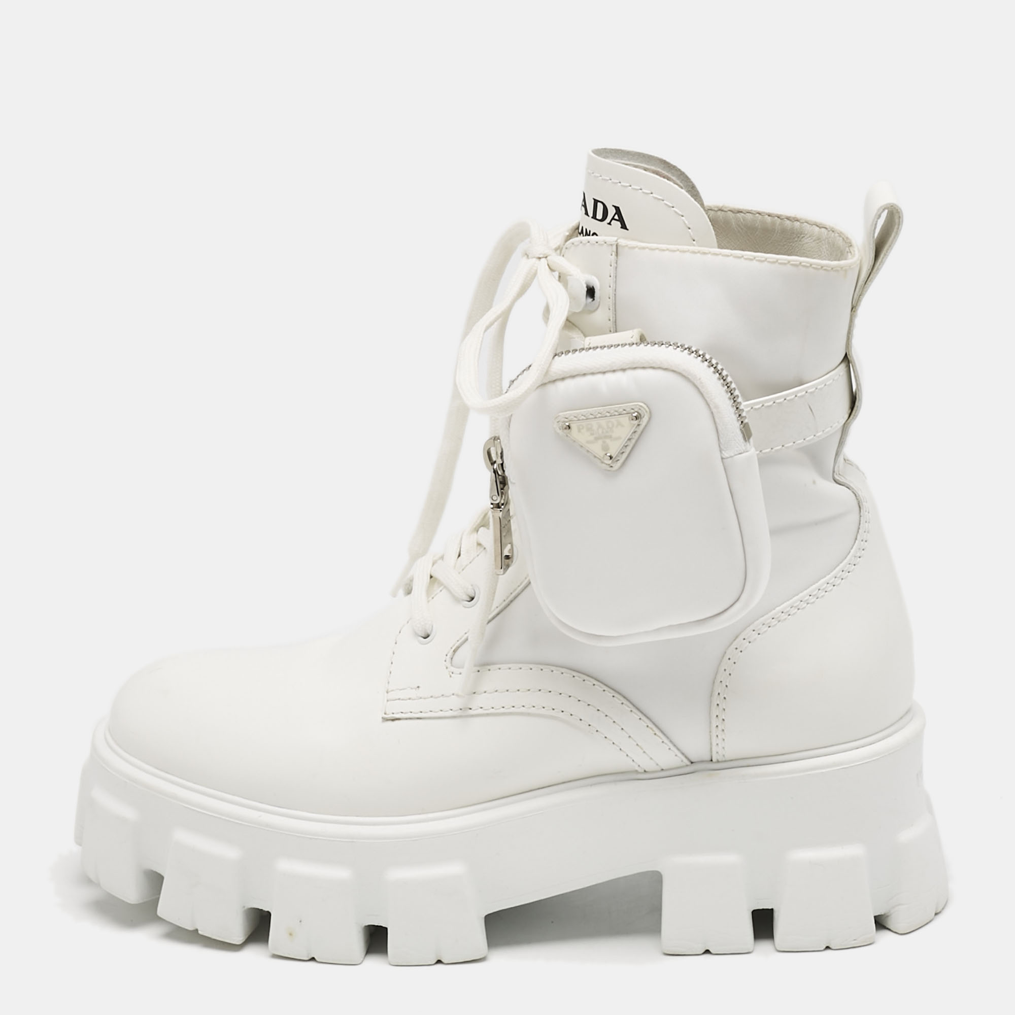 Prada White Leather and Nylon Monolith Combat Boots Size 38.5