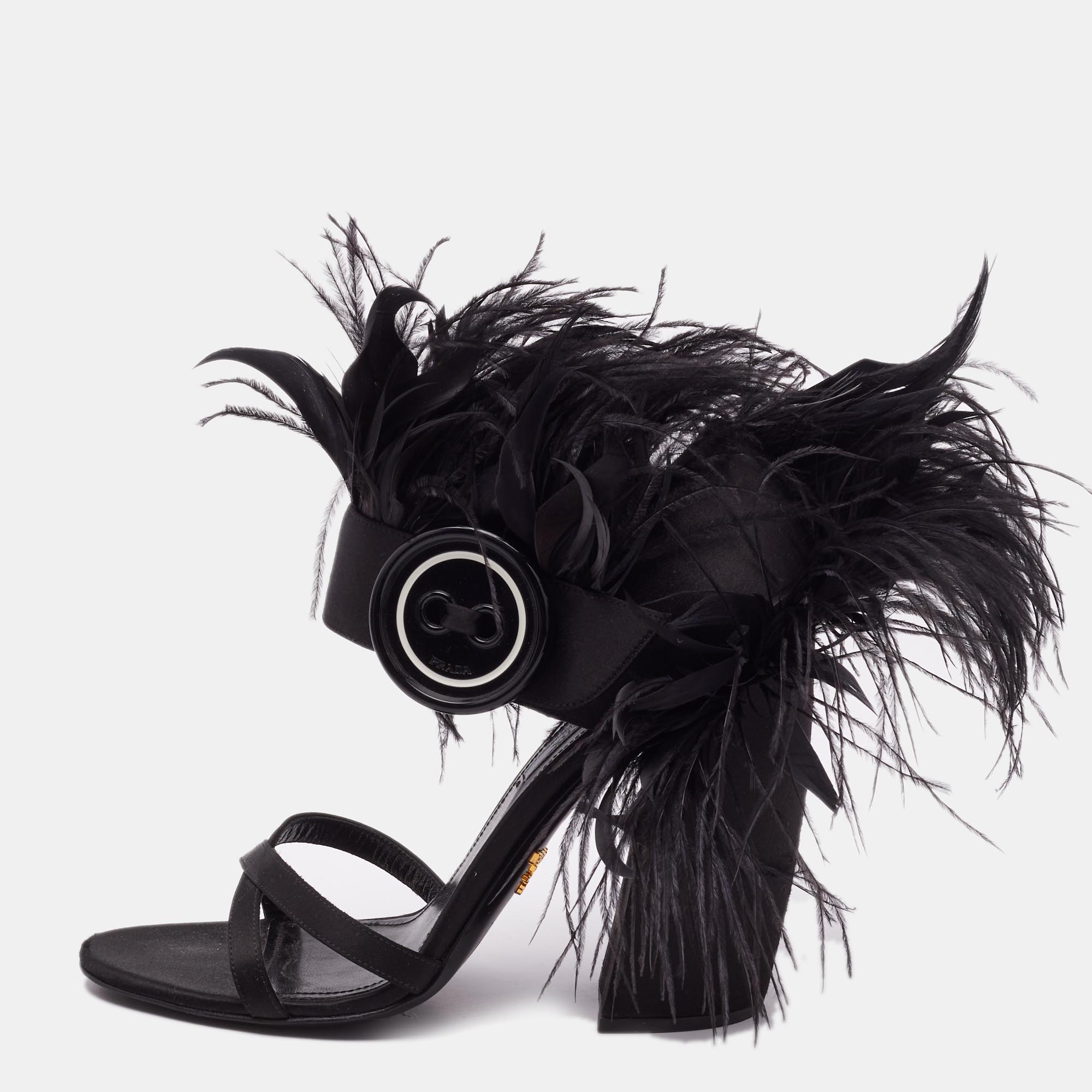Prada Black Satin and Ostrich Feather Block Heel Sandals Size 39