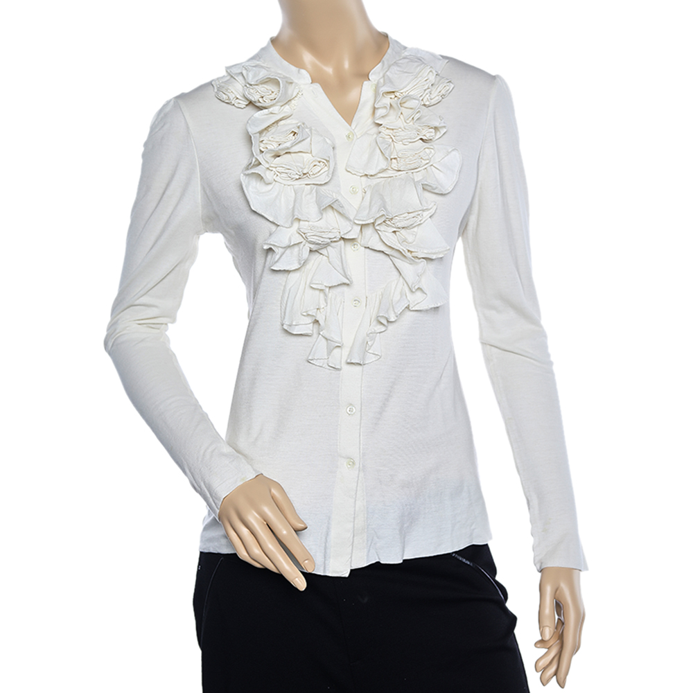Ralph Lauren Off White Knit Ruffled Neck Button Front Top L