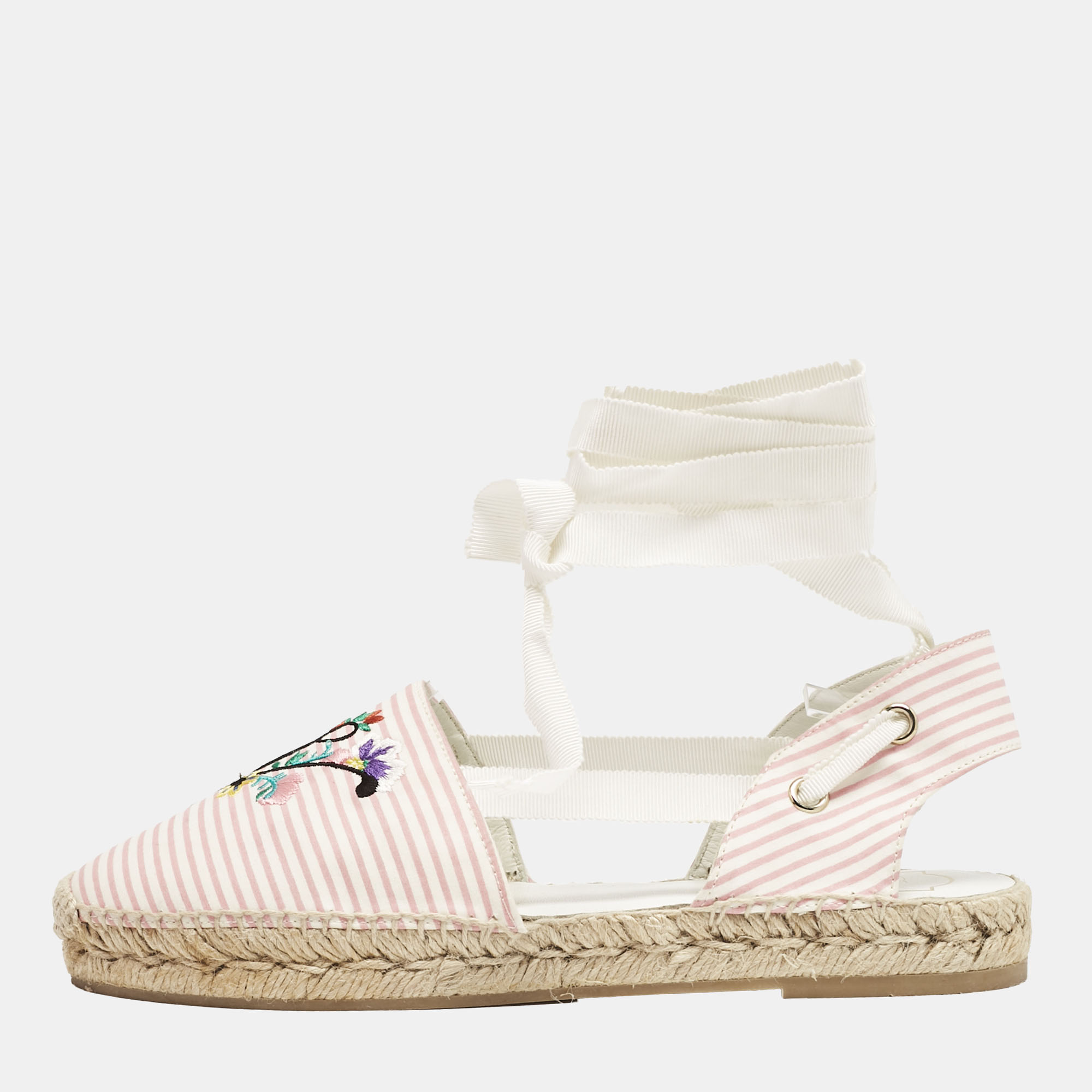 Roger Vivier Pink/White Stripe Fabric Floral Embroidered Wrap Espadrille Sandals Size 40