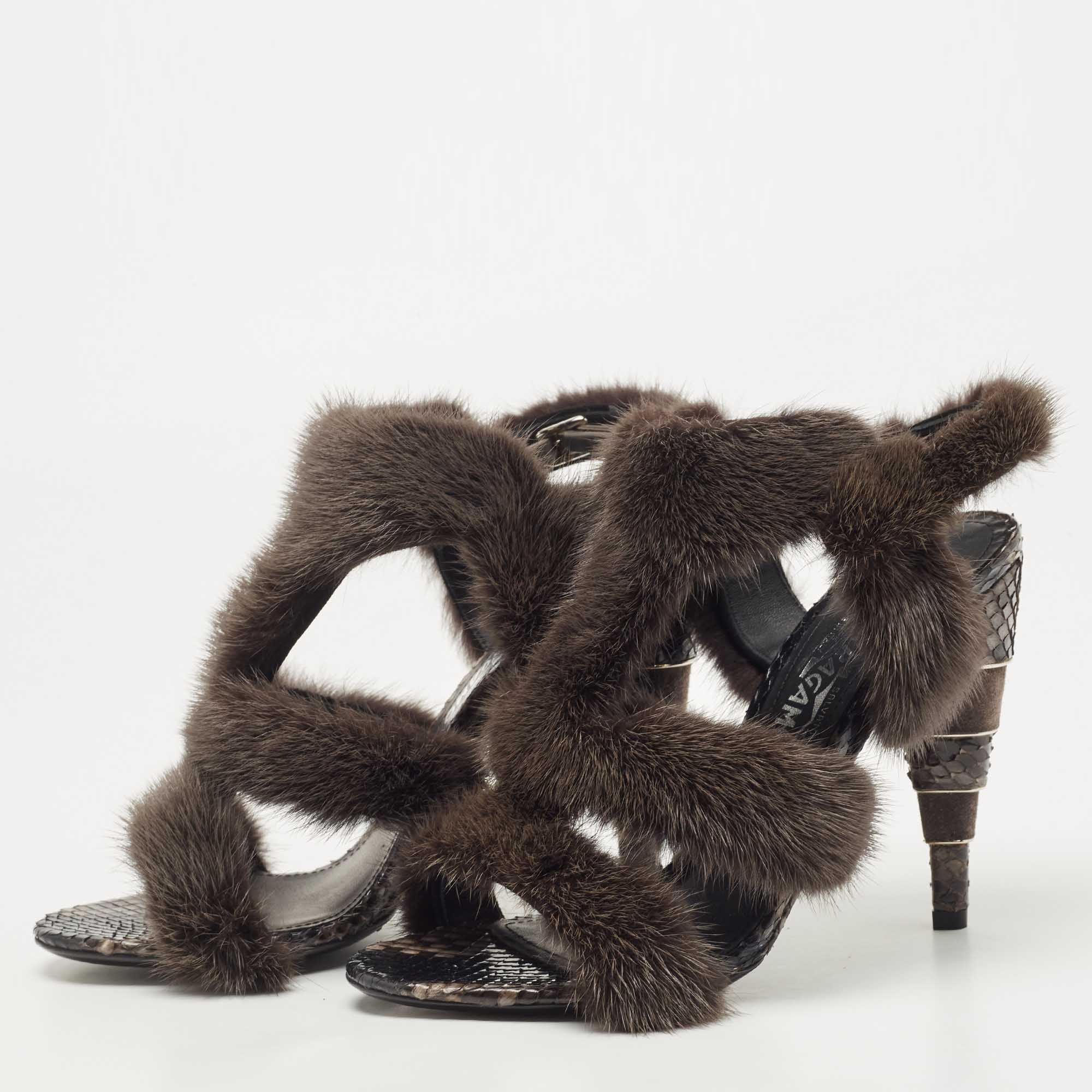 Salvatore Ferragamo Grey Mink Fur and Snakeskin Larix Sandals Size 38.5