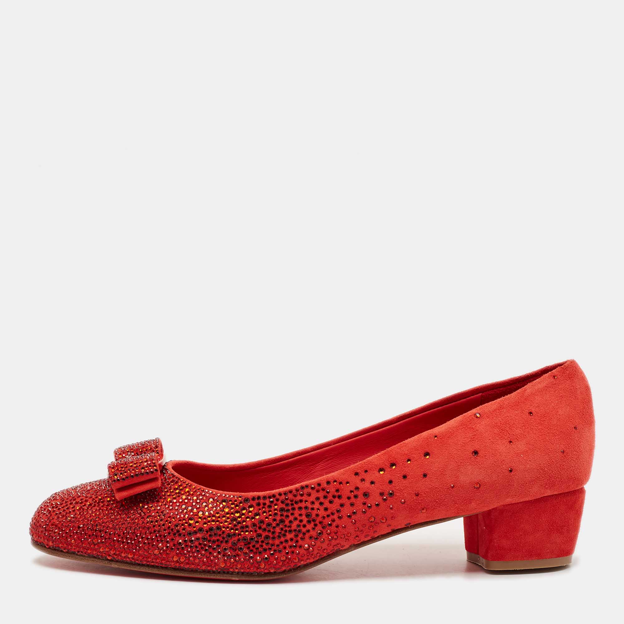 Salvatore Ferragamo Red Suede Crystal Embellished Vara Bow Block Heel Pumps Size 40.5
