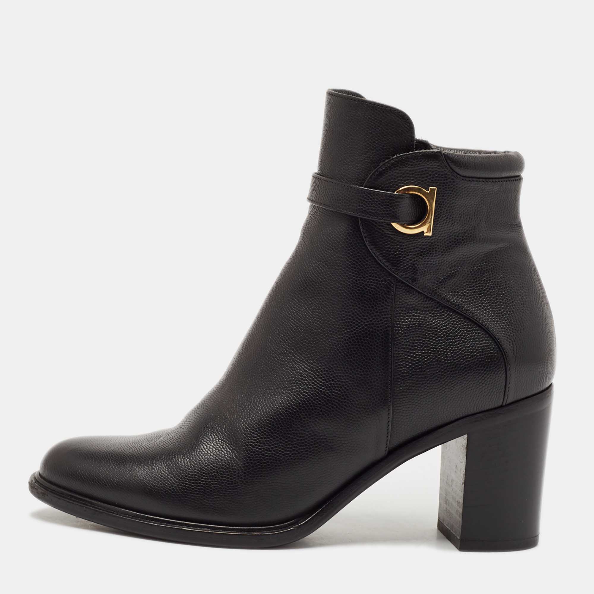 Salvatore Ferragamo Black Leather Figaro Ankle Boots Size 37.5