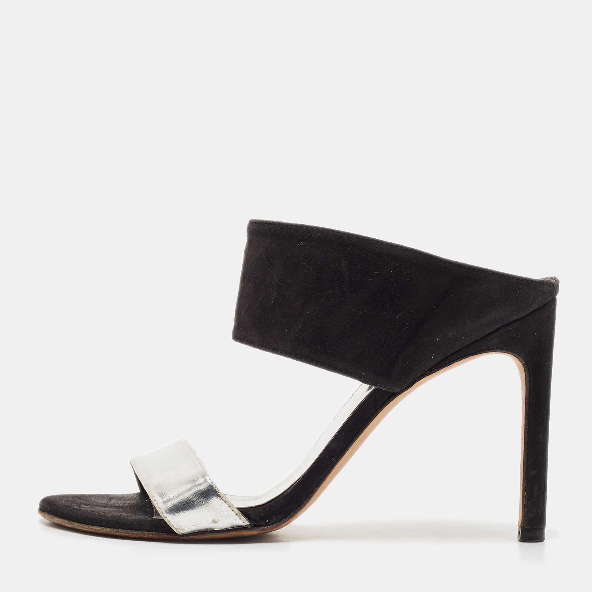 Stuart Weitzman Black/Silver Suede and  Leather Slide Sandals Size 37.5