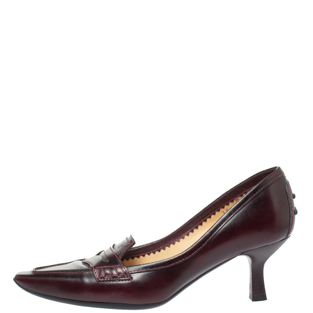  Tod's Burgundy Leather Pointed Toe Penny Loafer Pumps Size 36