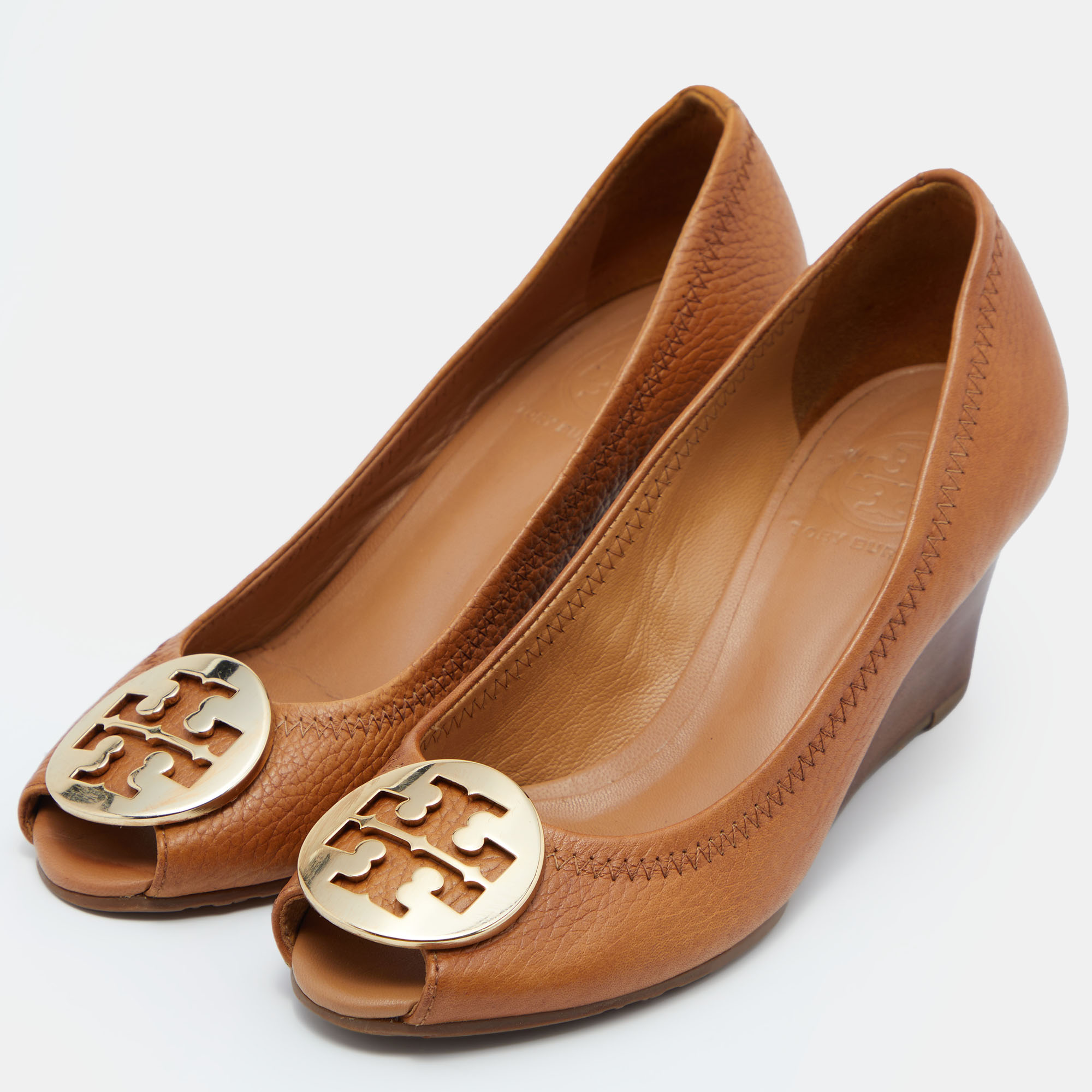 Tory Burch Tan Leather Selma Wedge Logo Peep Toe Pumps Size 41
