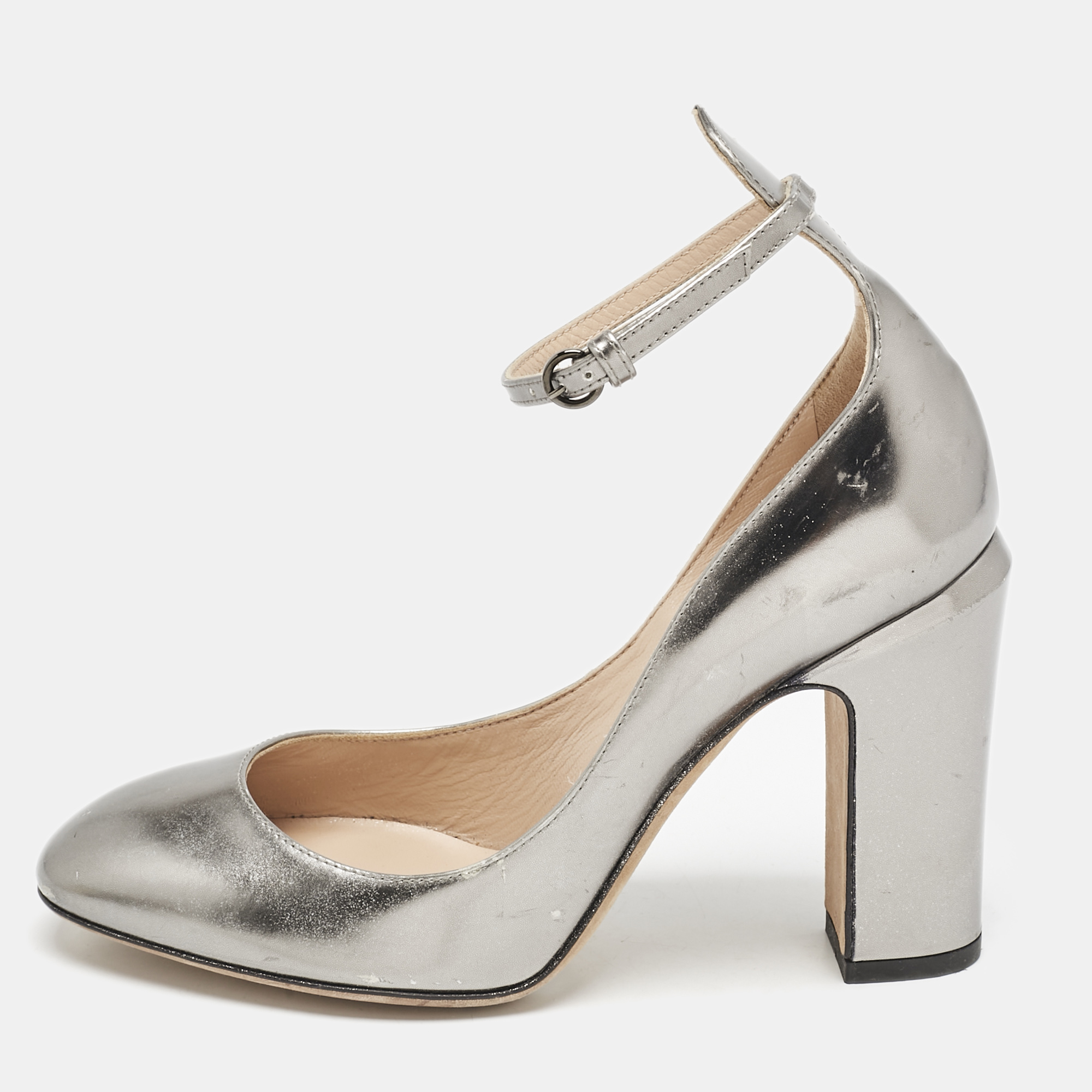 Valentino Grey Leather Tango Ankle Strap Block Heel Pumps Size 35.5