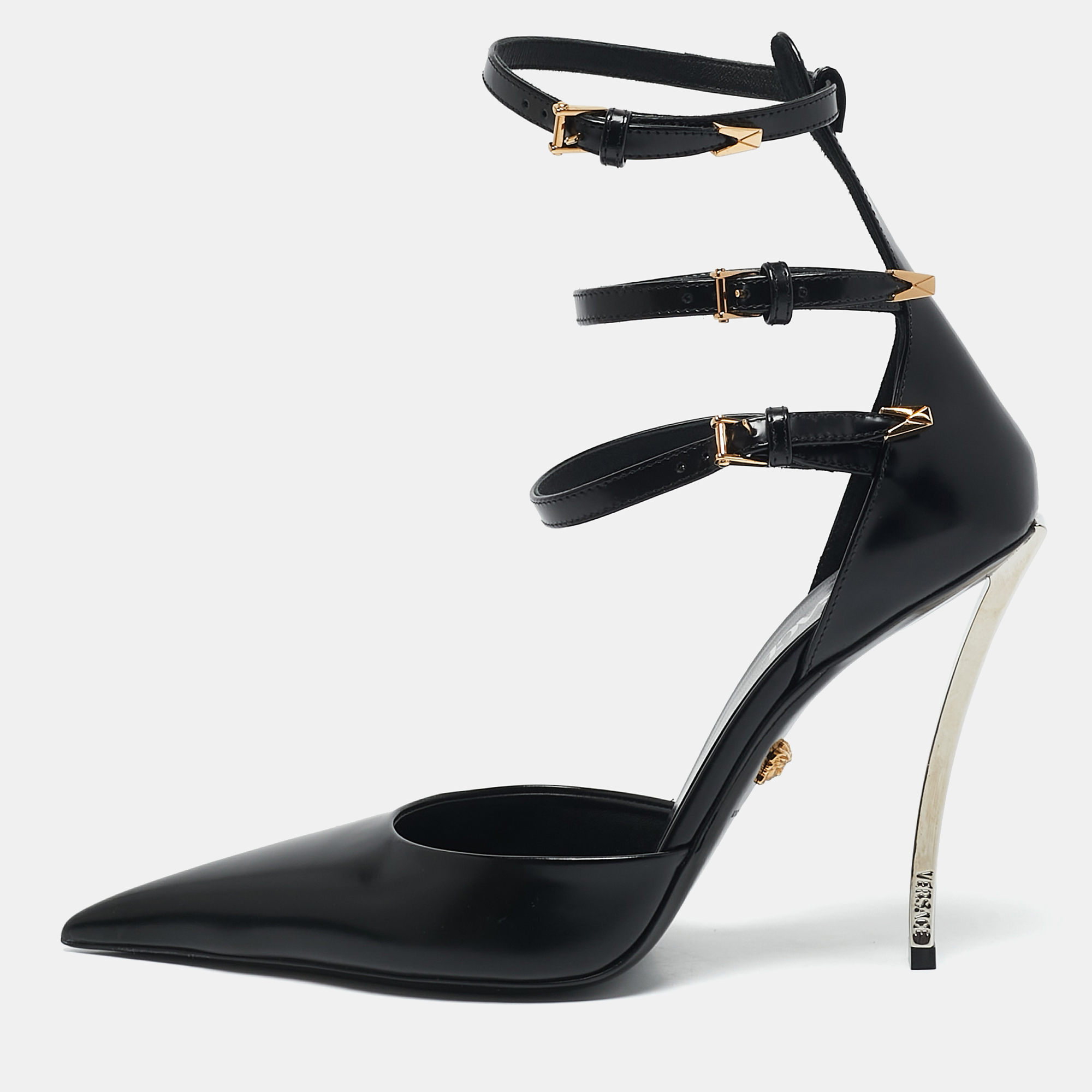 Versace Black Brushed Leather Pin-Point Ankle Strap Pumps Size 39