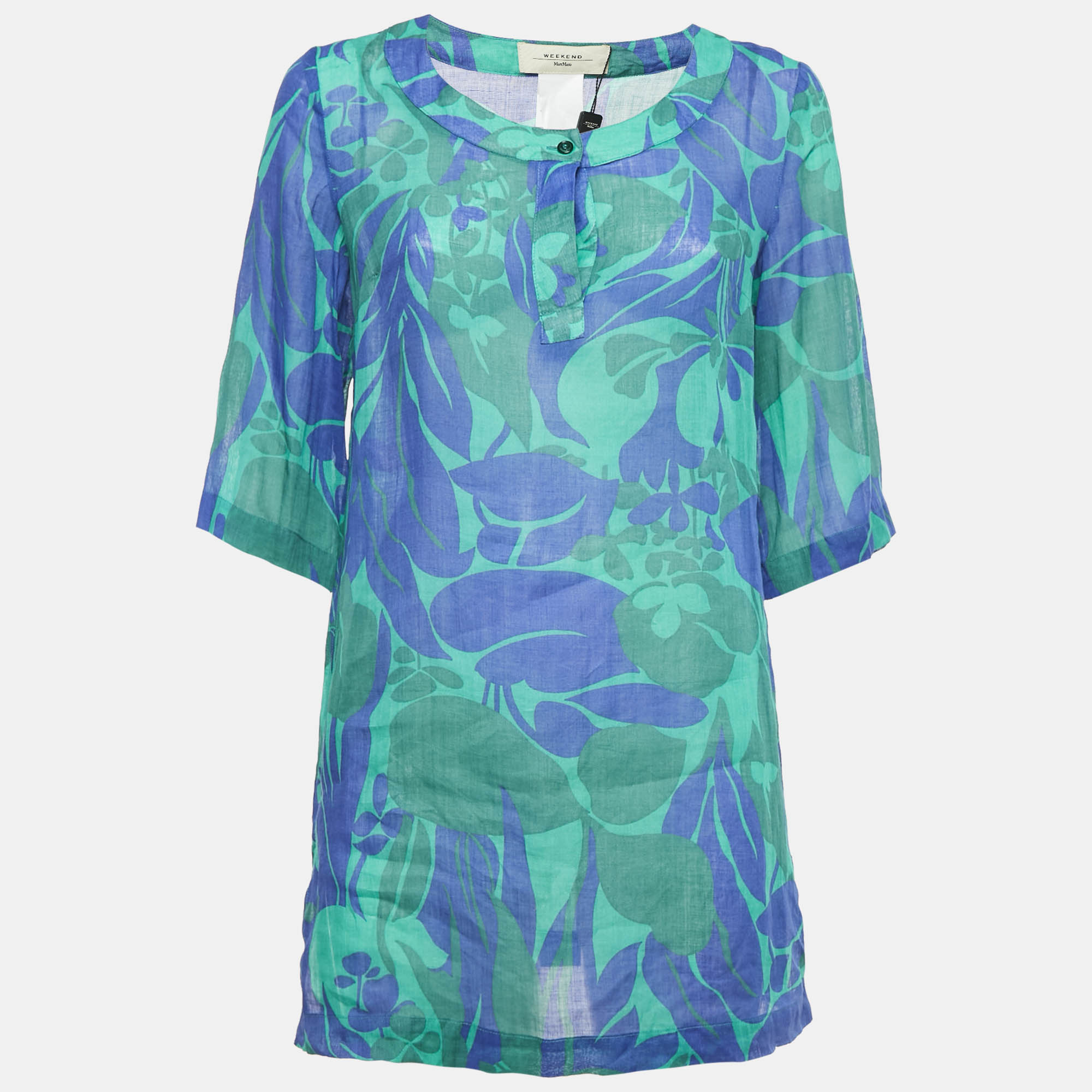 Weekend Max Mara Green/Blue Floral Print Ramie Buttoned Tunic XS