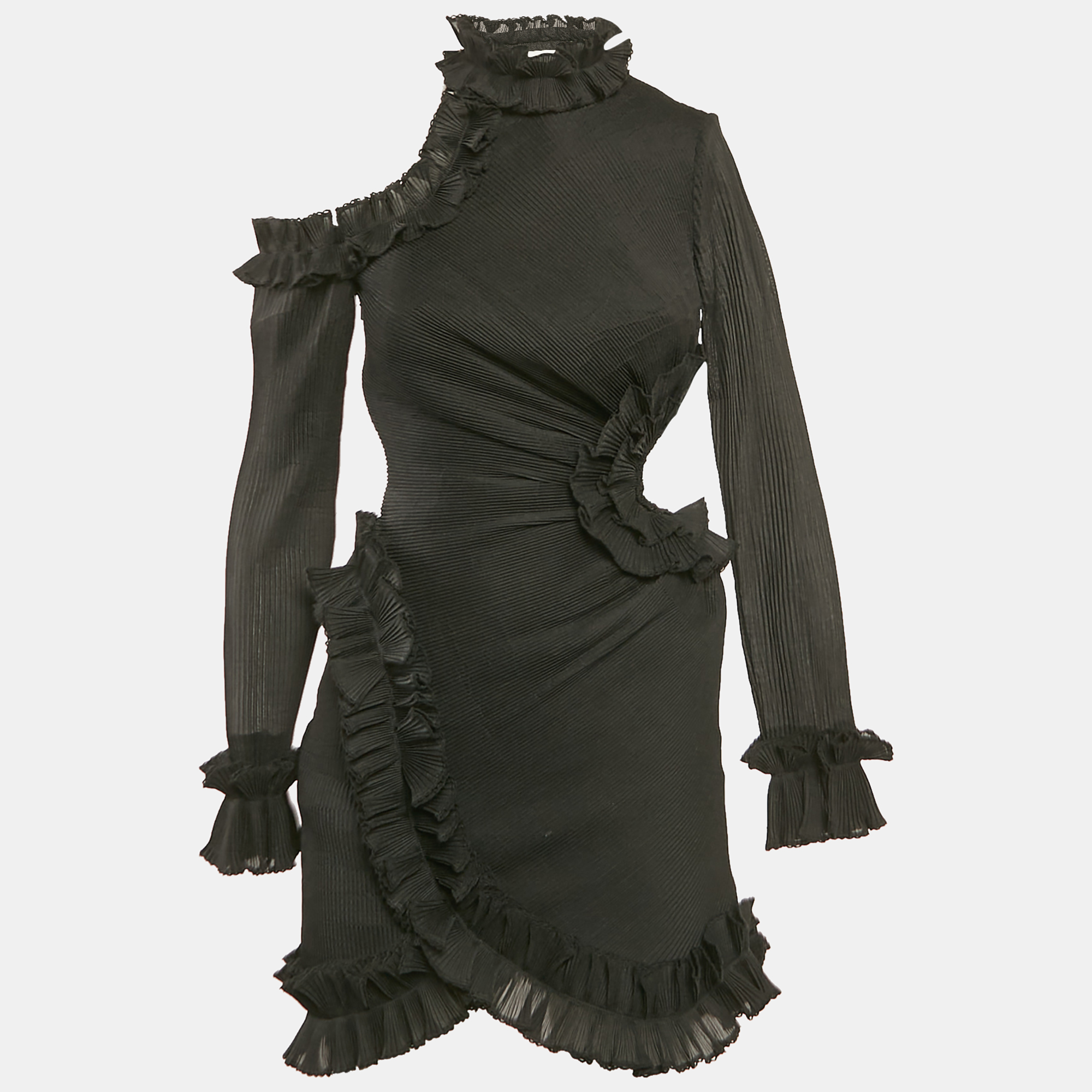 Zimmermann Black Plisse Ruffled Cut-Out Mini Dress XS