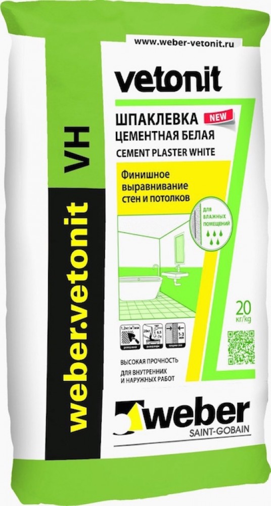 Сухие шпатлевки Weber.Vetonit VH 20 кг, Шпатлевка цементная влагостойкая (белая)