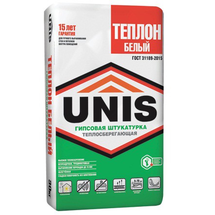 Сухие штукатурки Unis Теплон, 30 кг, Штукатурка гипсовая теплосберегающая белая