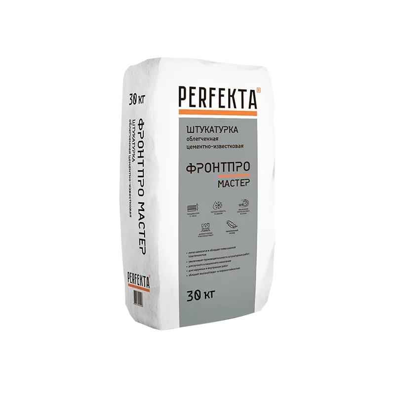 Сухие штукатурки Perfekta ФронтПро, 30 кг, Штукатурка цементная фасадная облегченная для машинного нанесения
