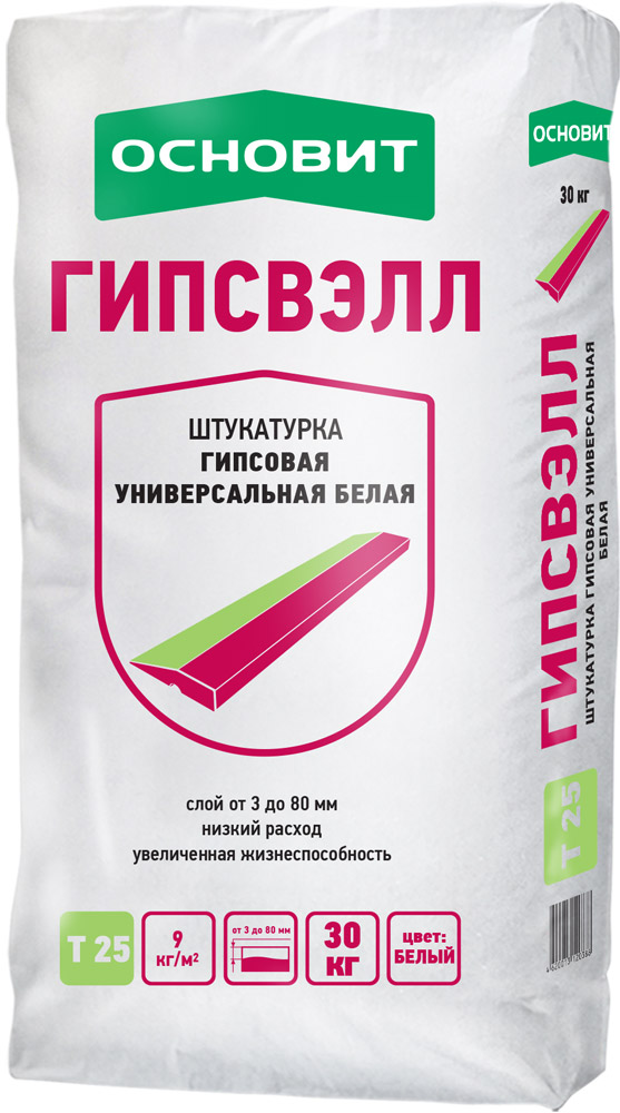 Сухие штукатурки Основит Гипсвэлл PG25 W, 30 кг, Штукатурка гипсовая универсальная