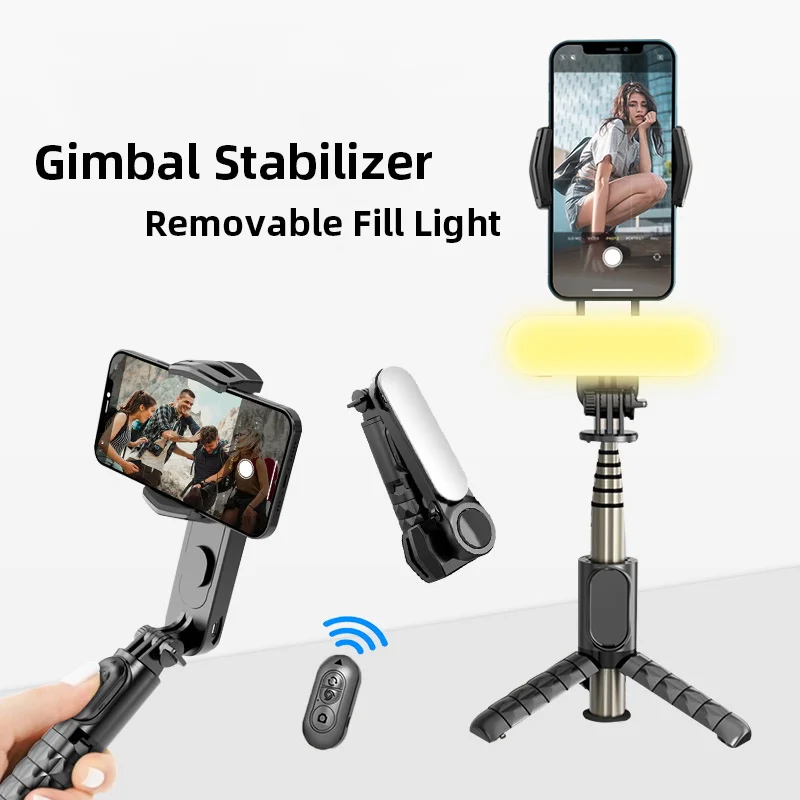 Handheld Gimbal Stabilizer Mini Selfie Stick Tripod with Light Wireless Remote Portable Telescopic Tripod for Phone Stand Holder