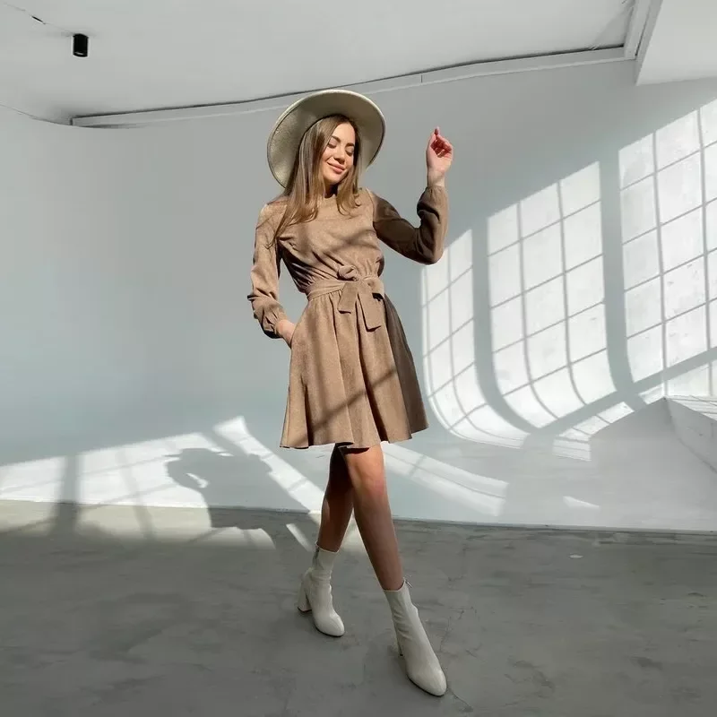 Vintage Sashes Corduroy A-line Mini Dress Long Sleeve O neck Khaki Color Elegant Casual Party Dress 2021 Winter New Dress
