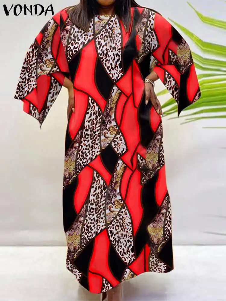 VONDA Autumn Bohemian Dress 2022 Causal Women 3/4 Sleeve Vintage Leopard Print Long Robe Casual Kaftan Sundress Party Vestidos