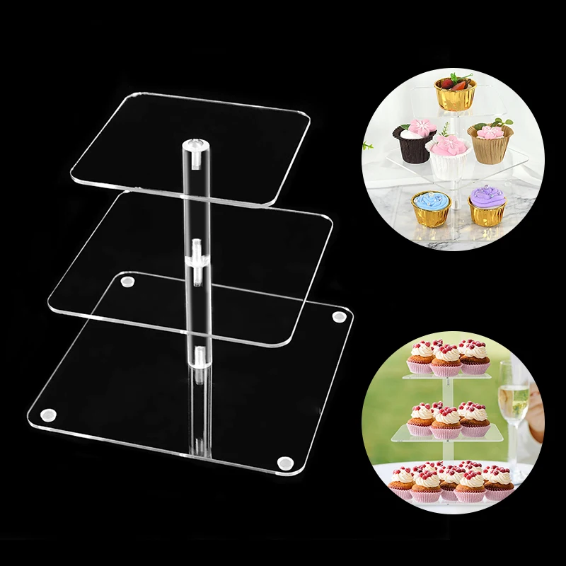 3-Layer Square Acrylic Cake Stand Display Tower Birthday Cupcake Dessert Rack Fondant Cake Stand Wedding Cake Decorating Tool